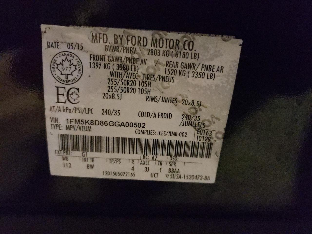 Photo 10 from auction – 2016 FORD EXPLORER X with VIN 1FM5K8D86GGA00502