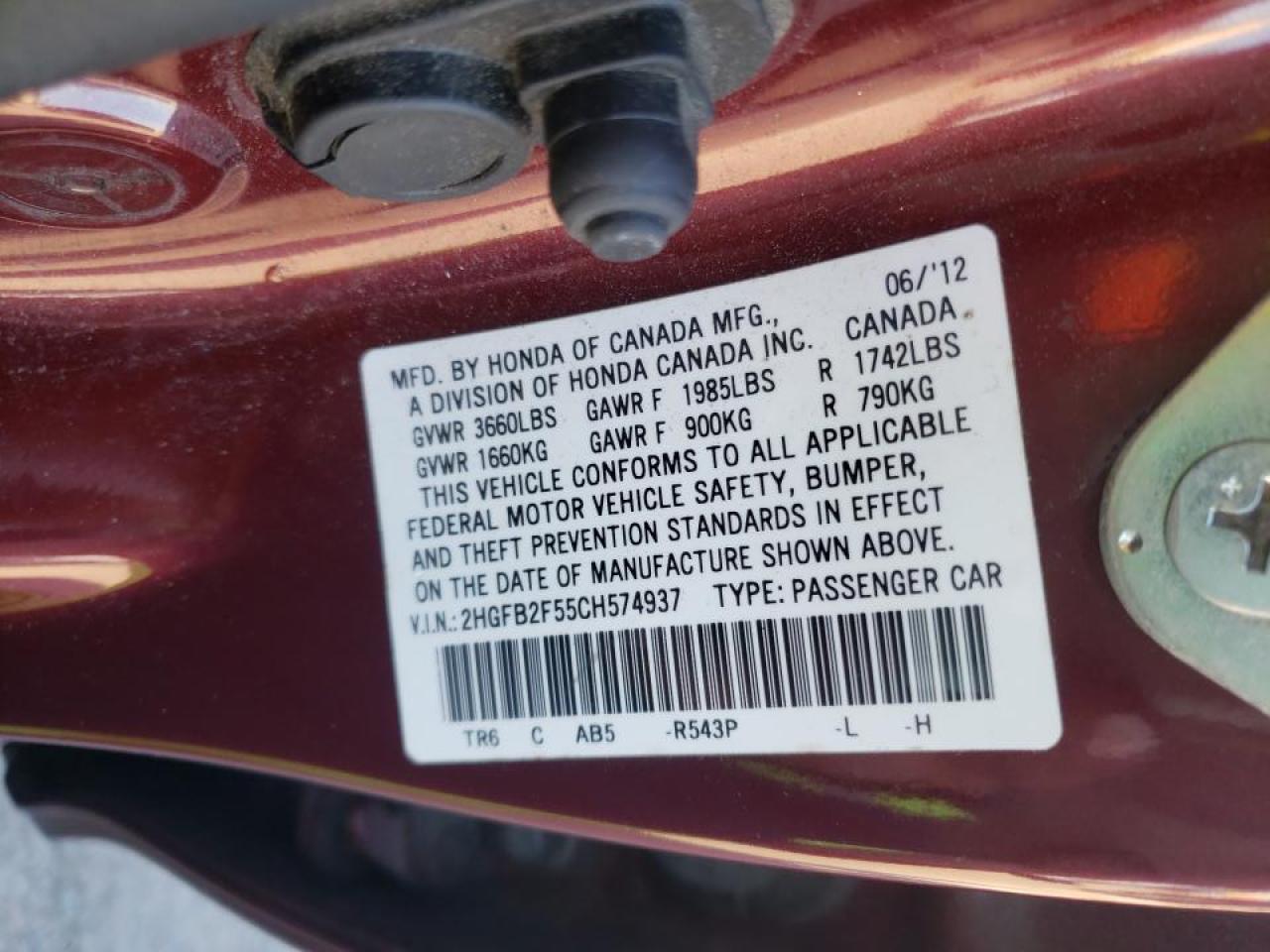 Photo 10 from auction – 2012 HONDA CIVIC LX with VIN 2HGFB2F55CH574937