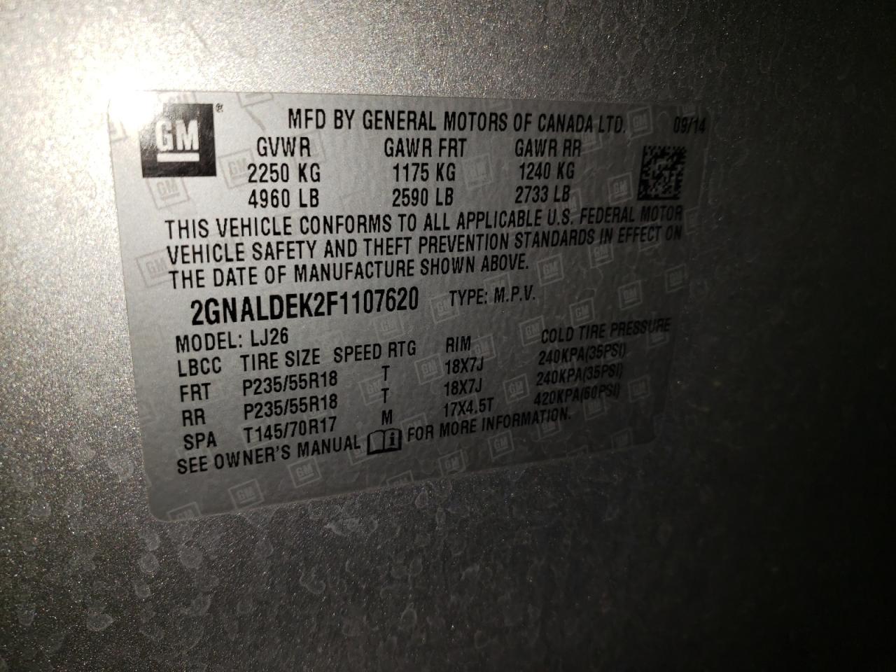 Photo 10 from auction – 2015 CHEVROLET EQUINOX LT with VIN 2GNALDEK2F1107620