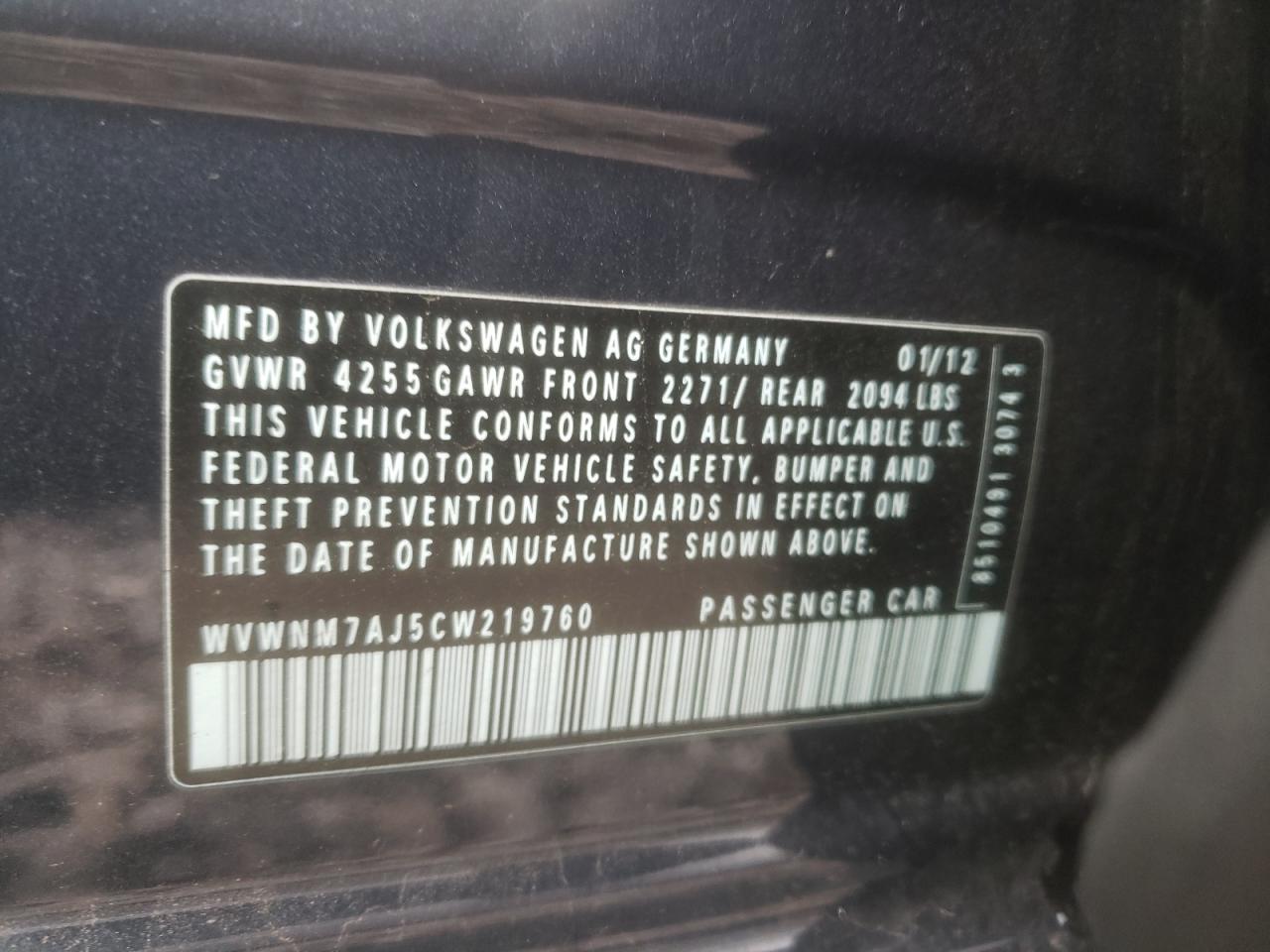 Photo 10 from auction – 2012 VOLKSWAGEN GOLF with VIN WVWNM7AJ5CW219760