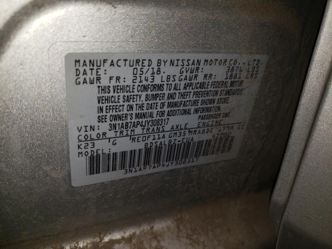 Photo 10 from auction – 2018 NISSAN SENTRA S with VIN 3N1AB7AP4JY308317