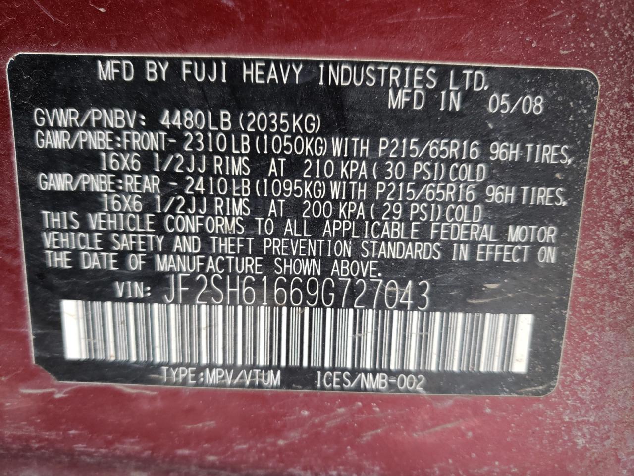 Photo 10 from auction – 2009 SUBARU FORESTER 2 with VIN JF2SH61669G727043