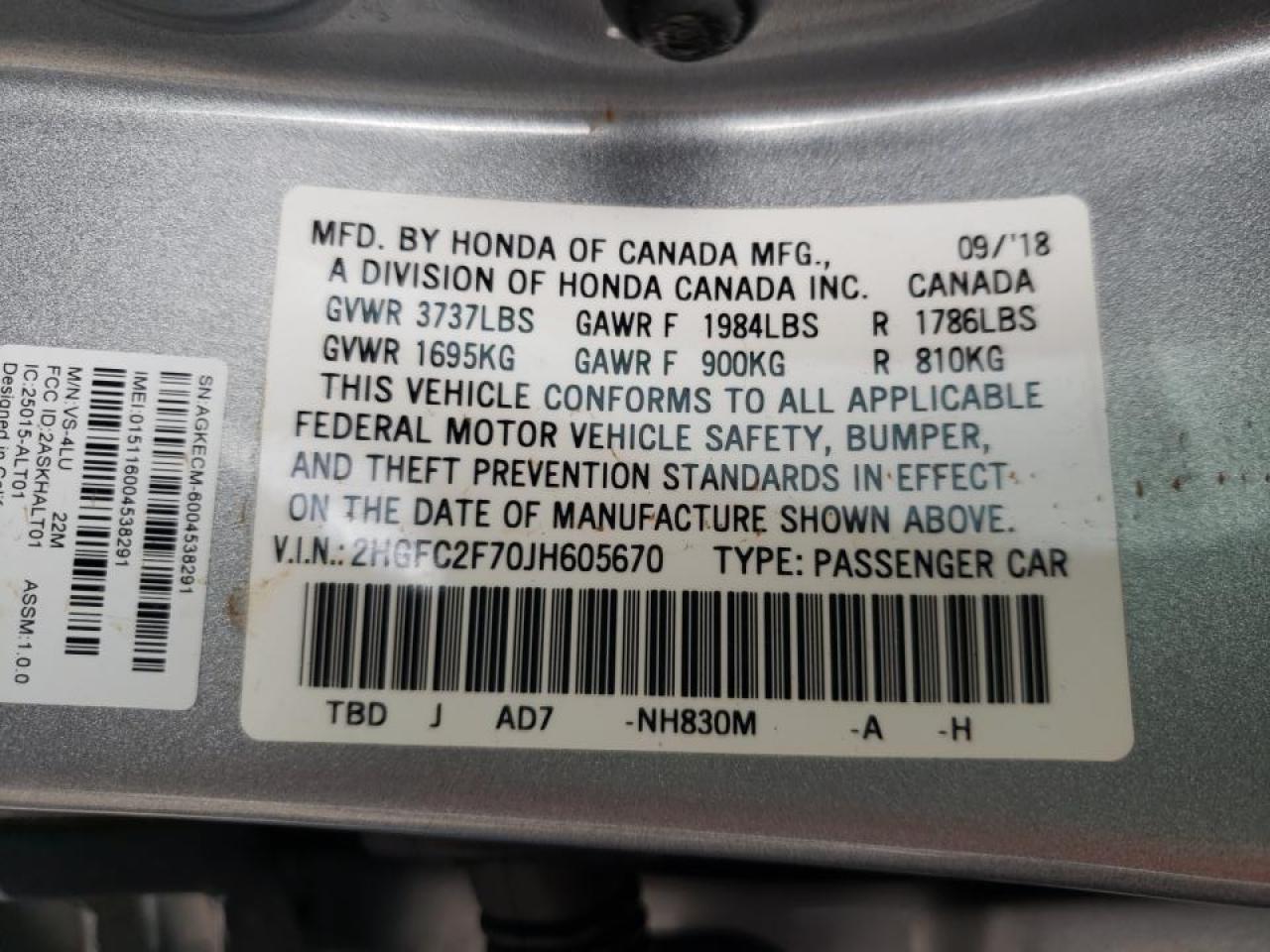 Photo 10 from auction – 2018 HONDA CIVIC EX with VIN 2HGFC2F70JH605670