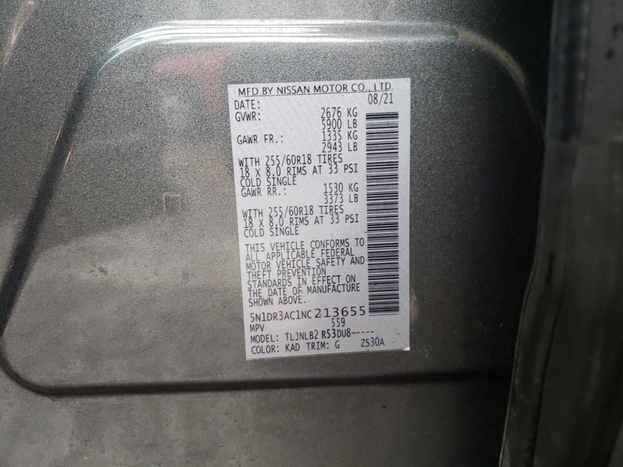 Photo 10 from auction – 2022 NISSAN PATHFINDER with VIN 5N1DR3AC1NC213655