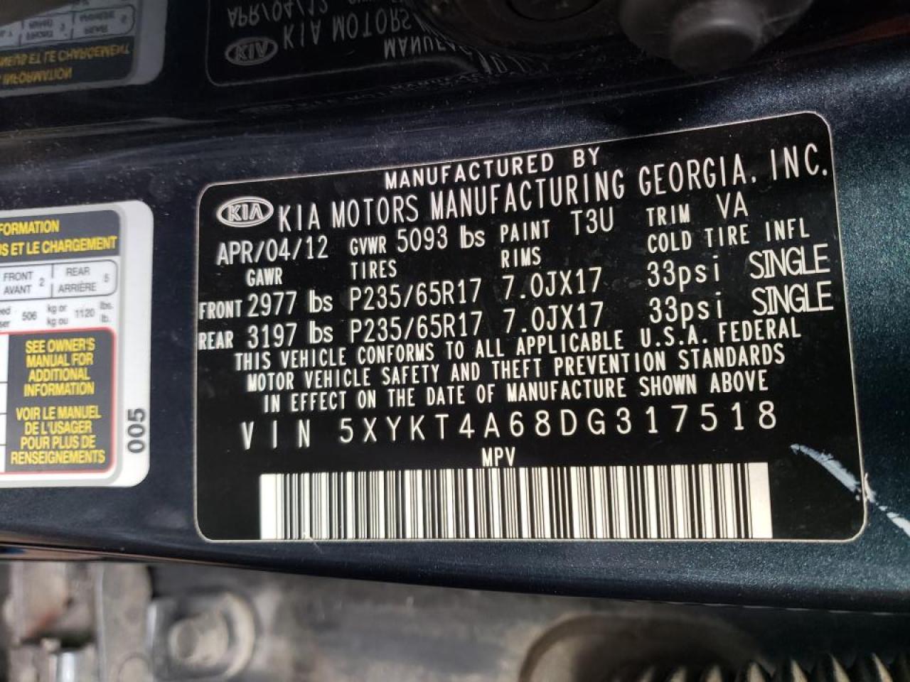 Photo 10 from auction – 2013 KIA SORENTO LX with VIN 5XYKT4A68DG317518