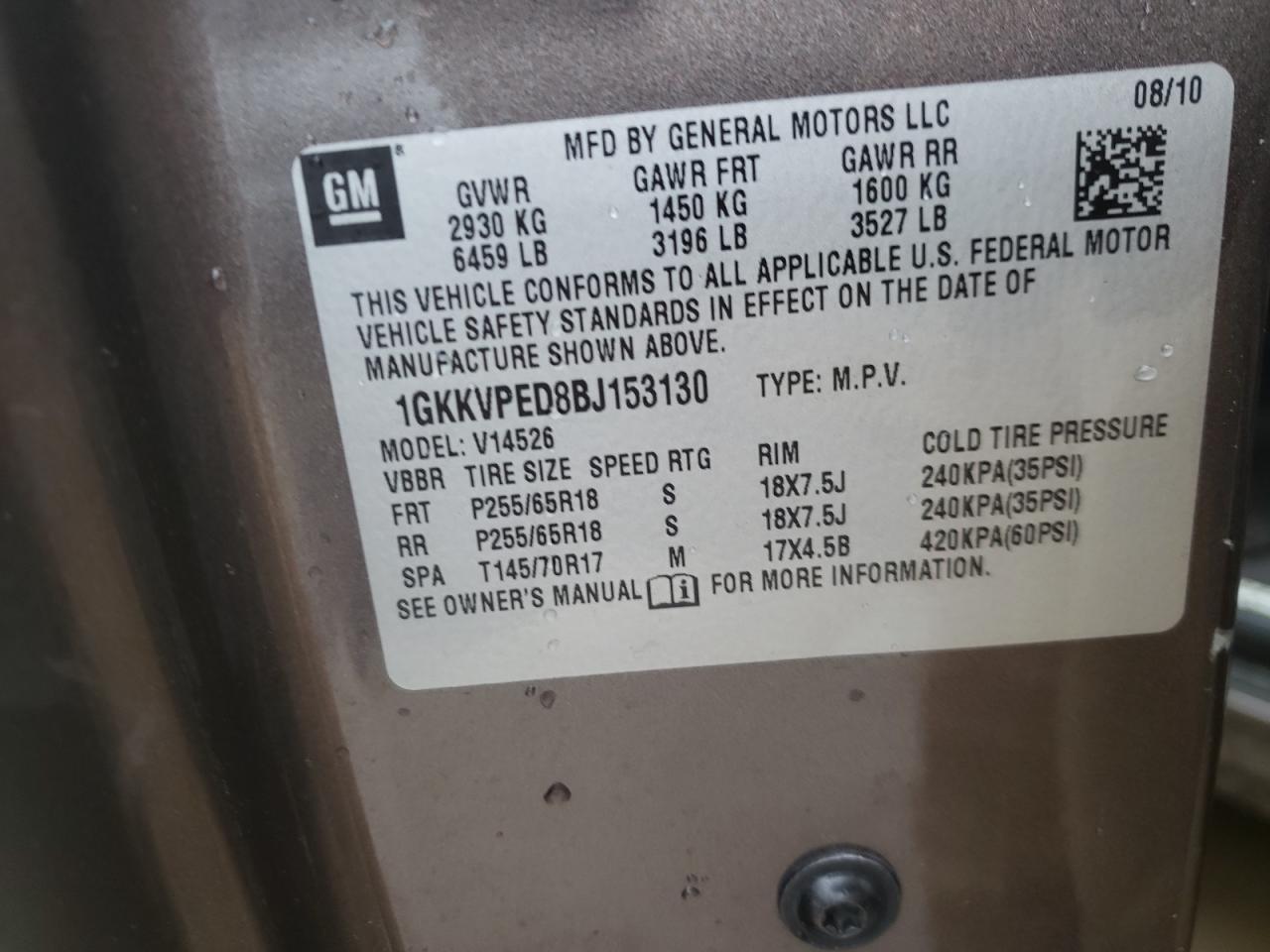 Photo 10 from auction – 2011 GMC ACADIA SLE with VIN 1GKKVPED8BJ153130