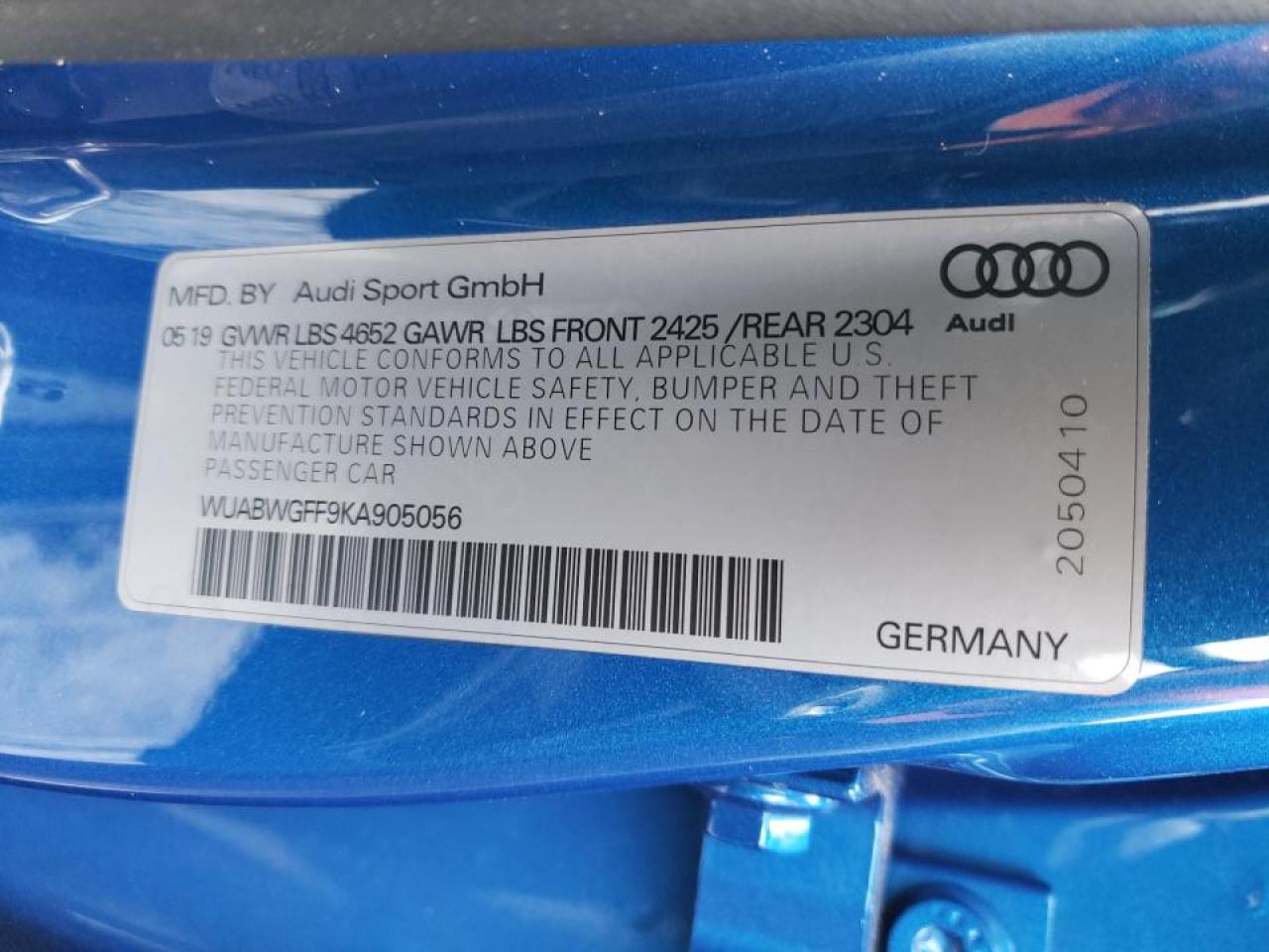 Photo 10 from auction – 2019 AUDI RS3 with VIN WUABWGFF9KA905056