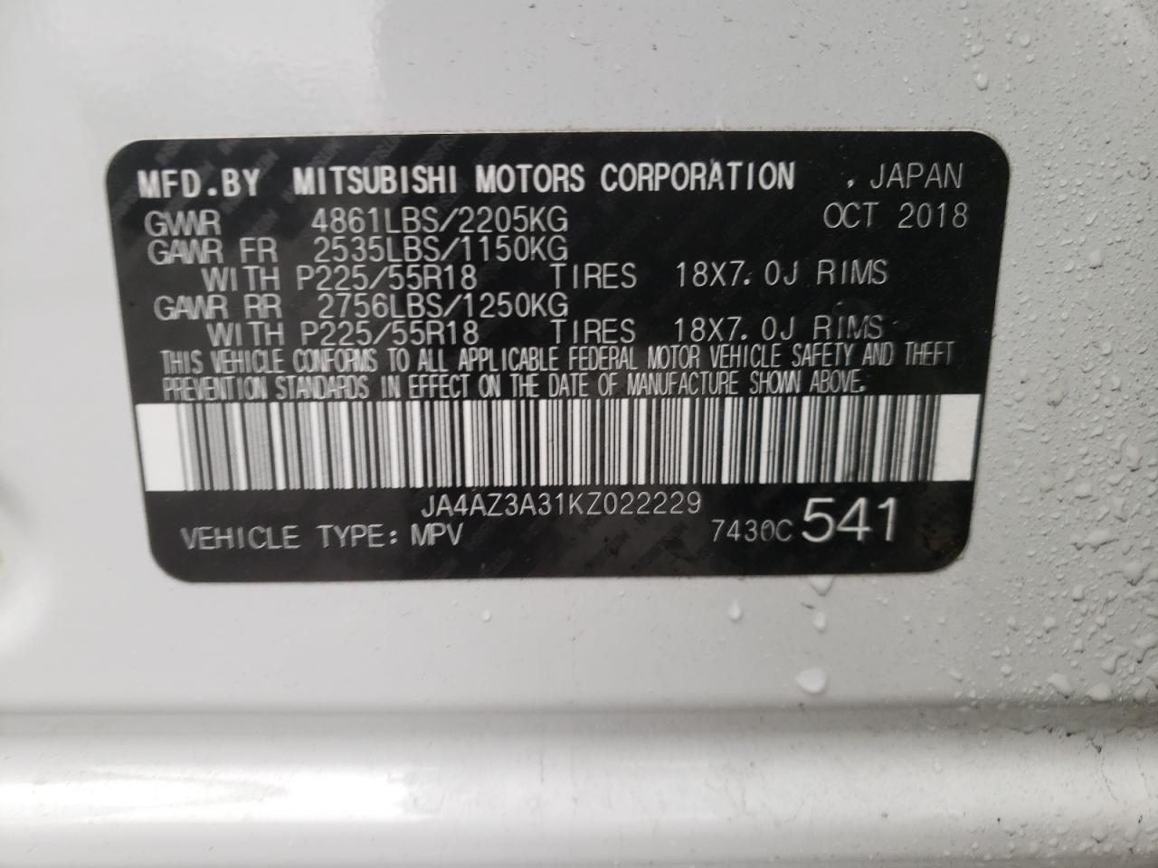 Photo 10 from auction – 2019 MITSUBISHI OUTLANDER with VIN JA4AZ3A31KZ022229