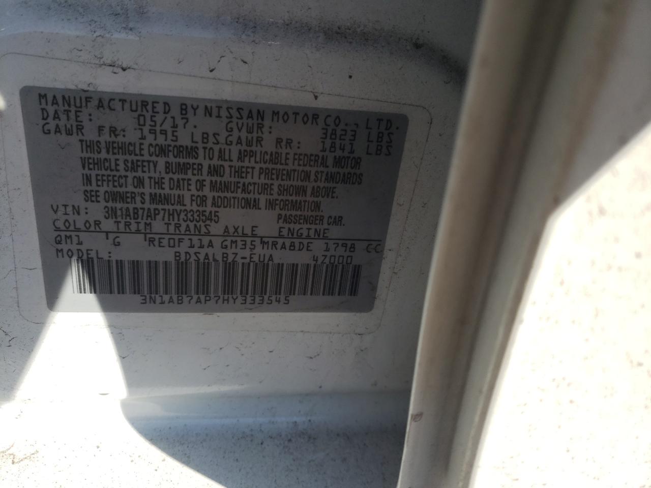 Photo 10 from auction – 2017 NISSAN SENTRA S with VIN 3N1AB7AP7HY333545