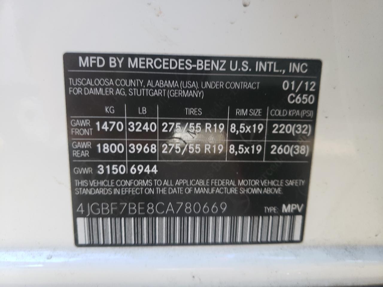 Photo 10 from auction – 2012 MERCEDES-BENZ GL 450 4MA with VIN 4JGBF7BE8CA780669