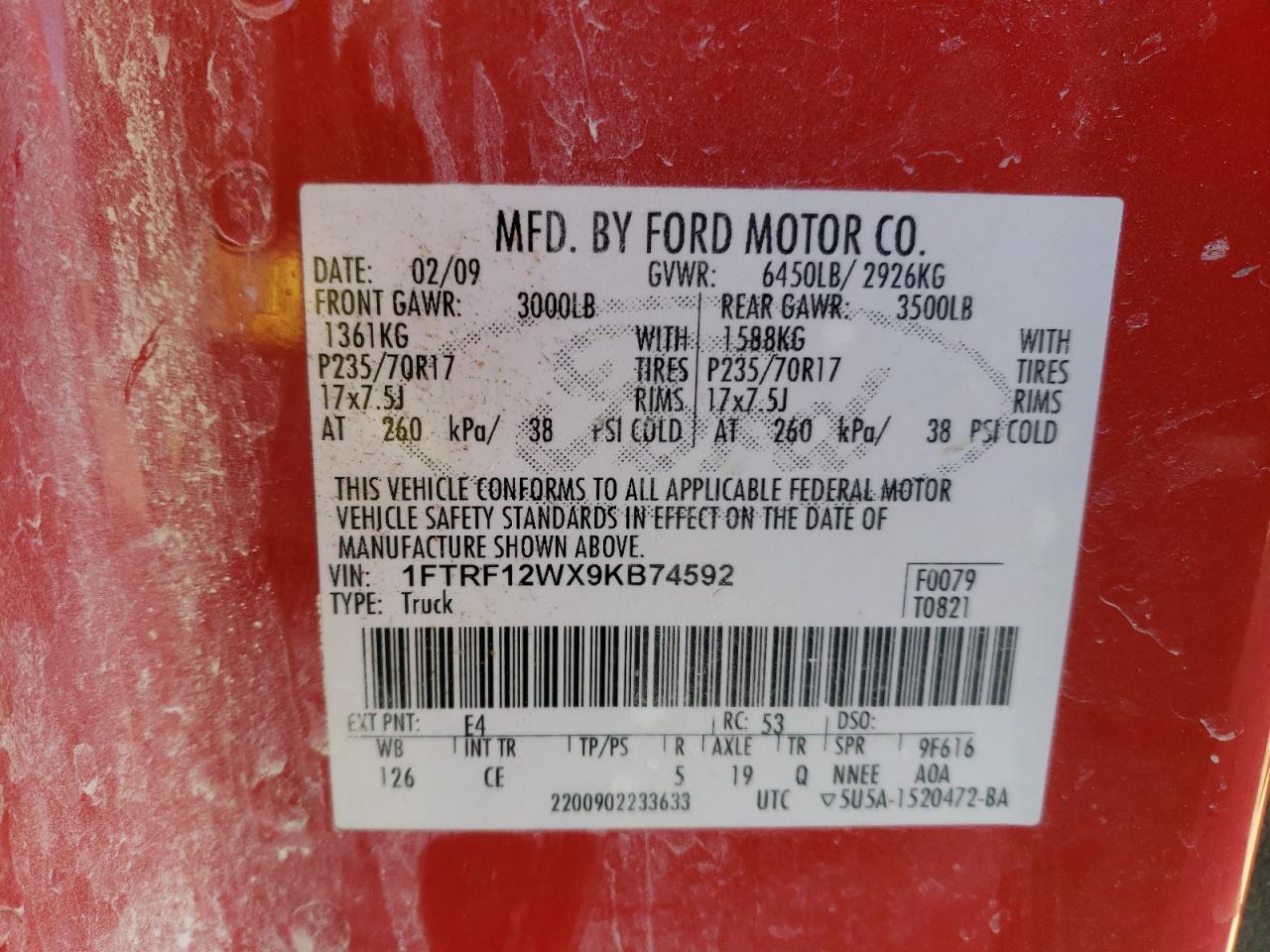 Photo 10 from auction – 2009 FORD F150 with VIN 1FTRF12WX9KB74592