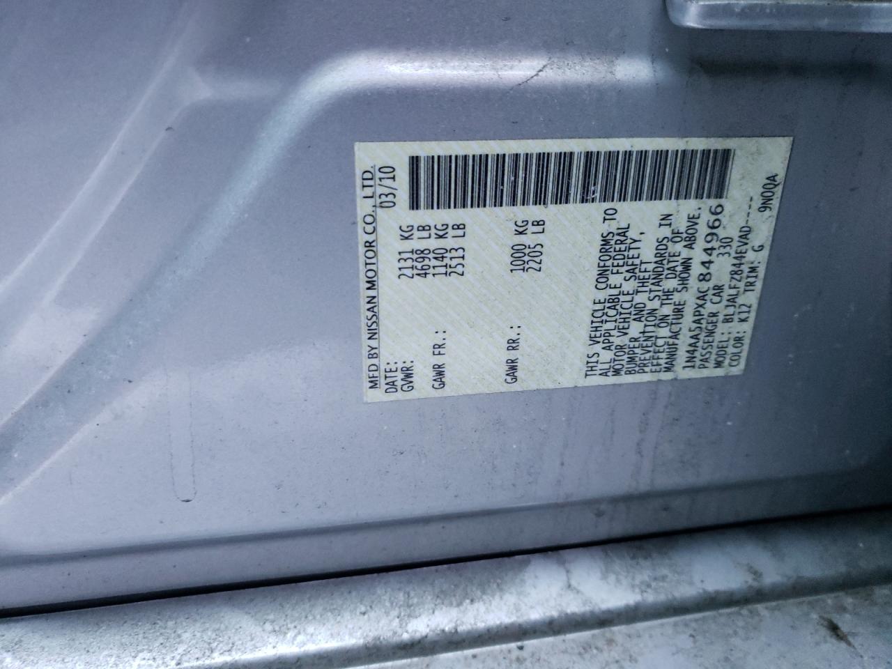 Photo 10 from auction – 2010 NISSAN MAXIMA S with VIN 1N4AA5APXAC844966