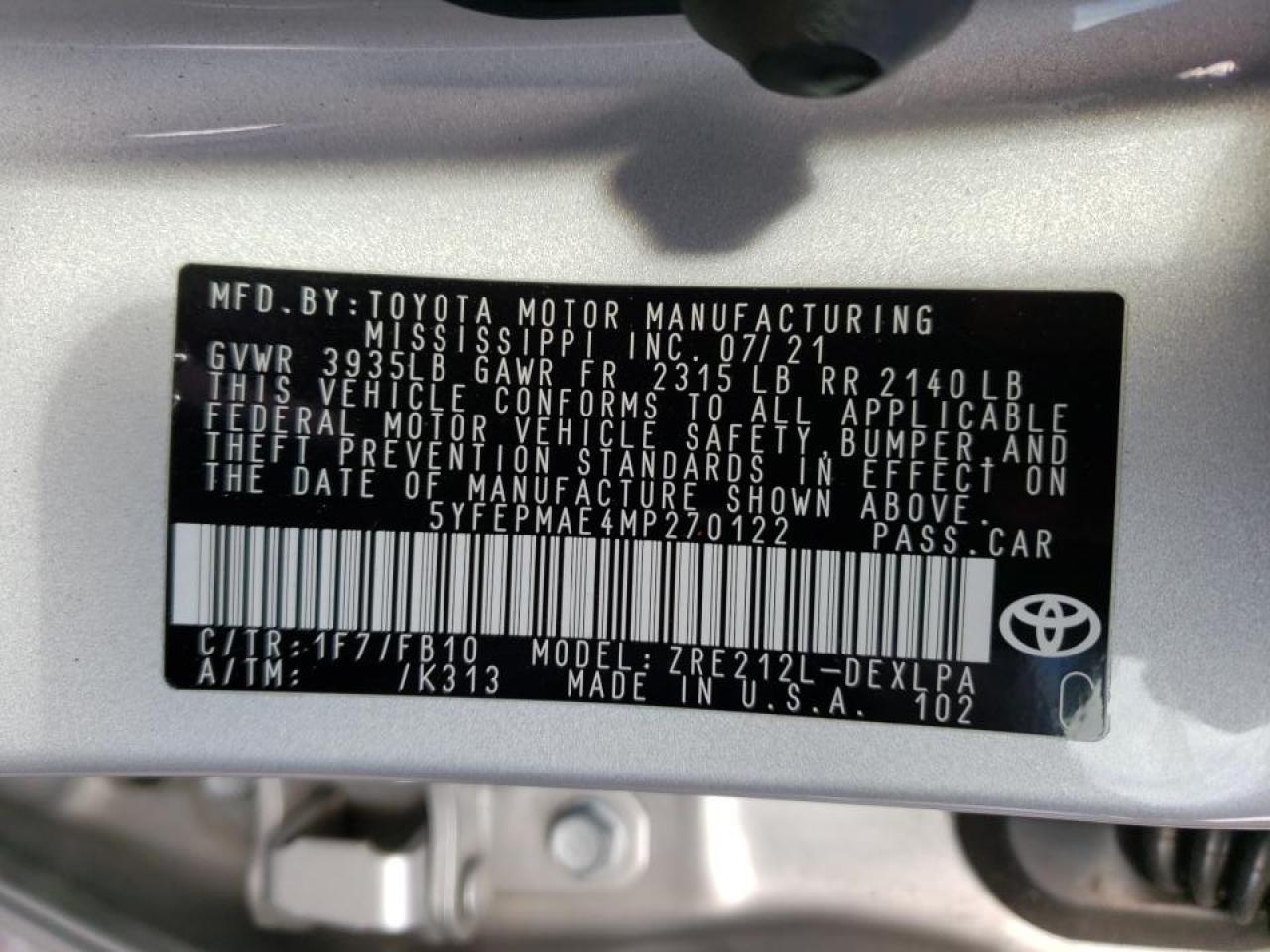 Photo 10 from auction – 2021 TOYOTA COROLLA LE with VIN 5YFEPMAE4MP270122