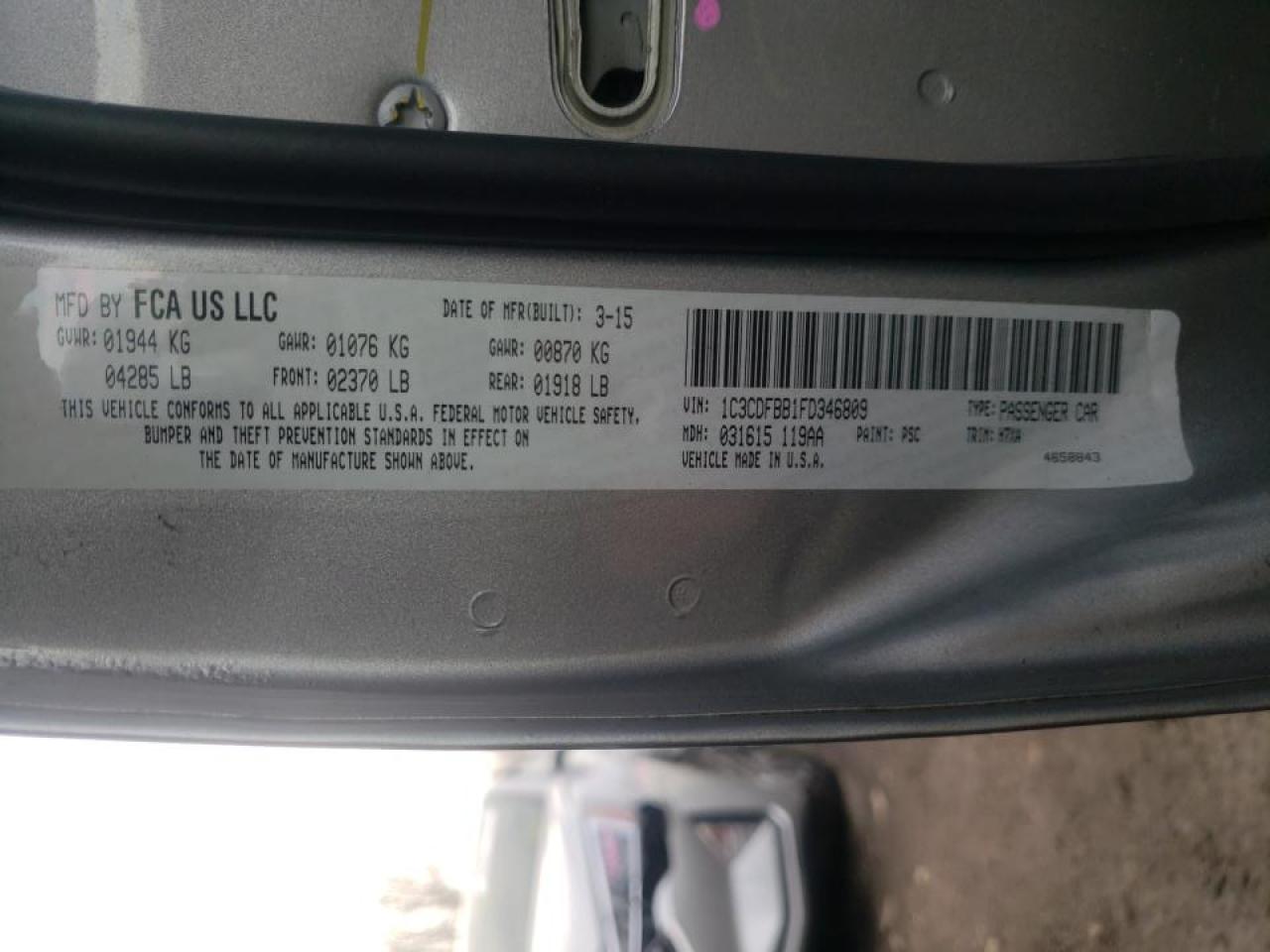 Photo 10 from auction – 2015 DODGE DART SXT with VIN 1C3CDFBB1FD346809