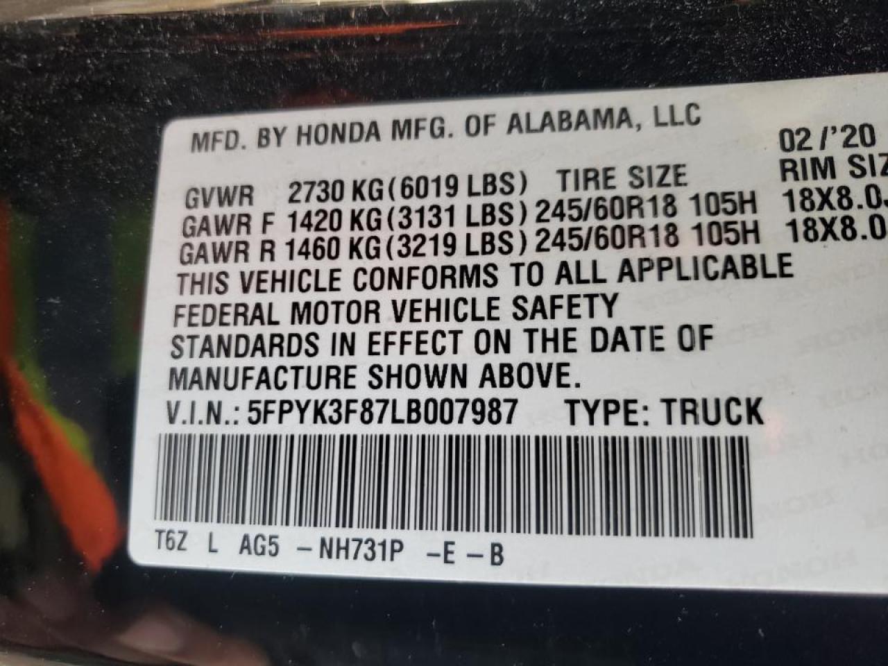 Photo 10 from auction – 2020 HONDA RIDGELINE with VIN 5FPYK3F87LB007987