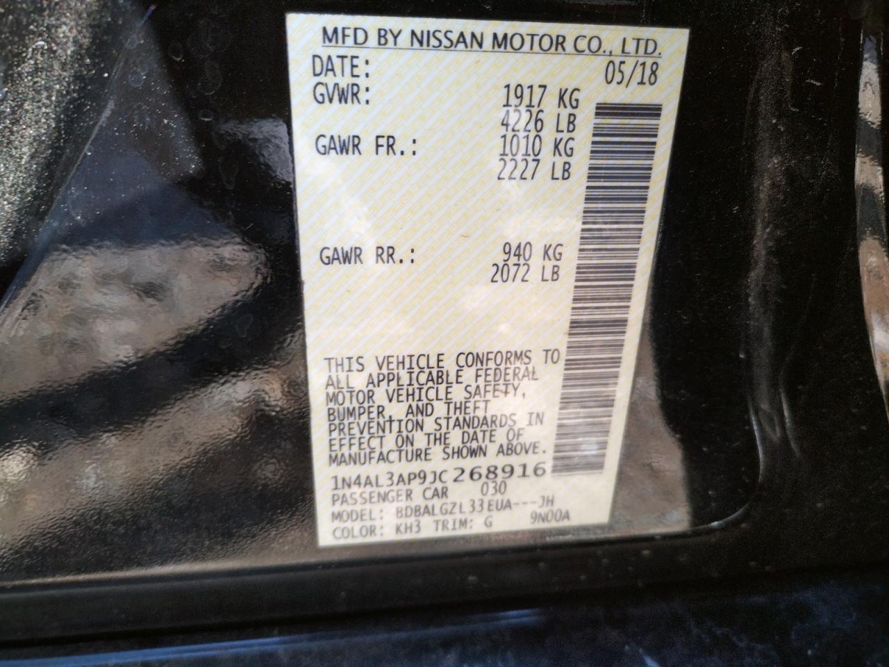 Photo 10 from auction – 2018 NISSAN ALTIMA 2.5 with VIN 1N4AL3AP9JC268916