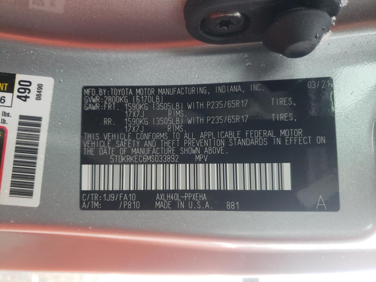 Photo 10 from auction – 2021 TOYOTA SIENNA LE with VIN 5TDKRKEC6MS033892