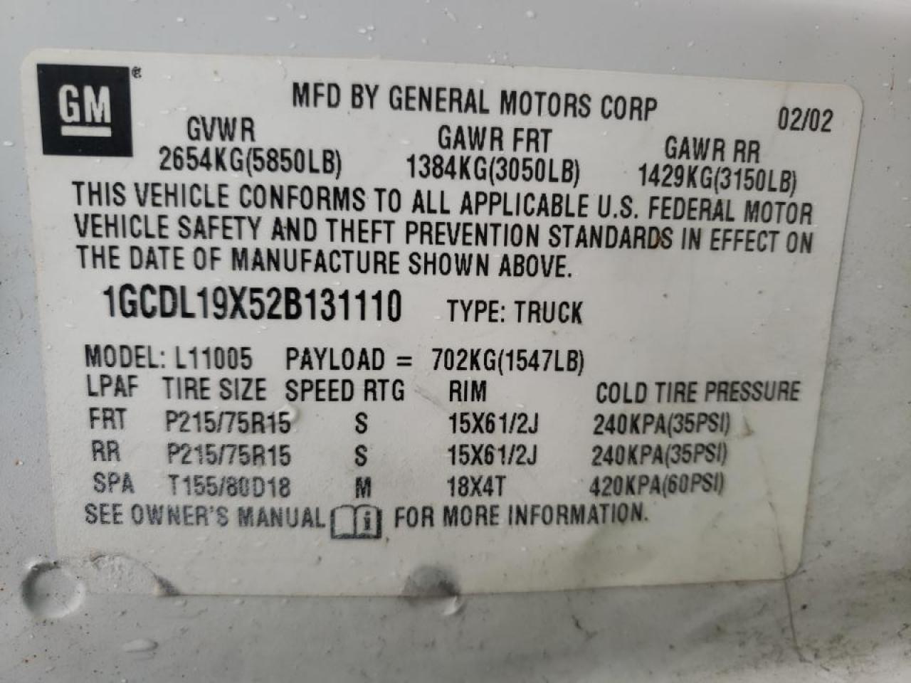 Photo 10 from auction – 2002 CHEVROLET ASTRO with VIN 1GCDL19X52B131110