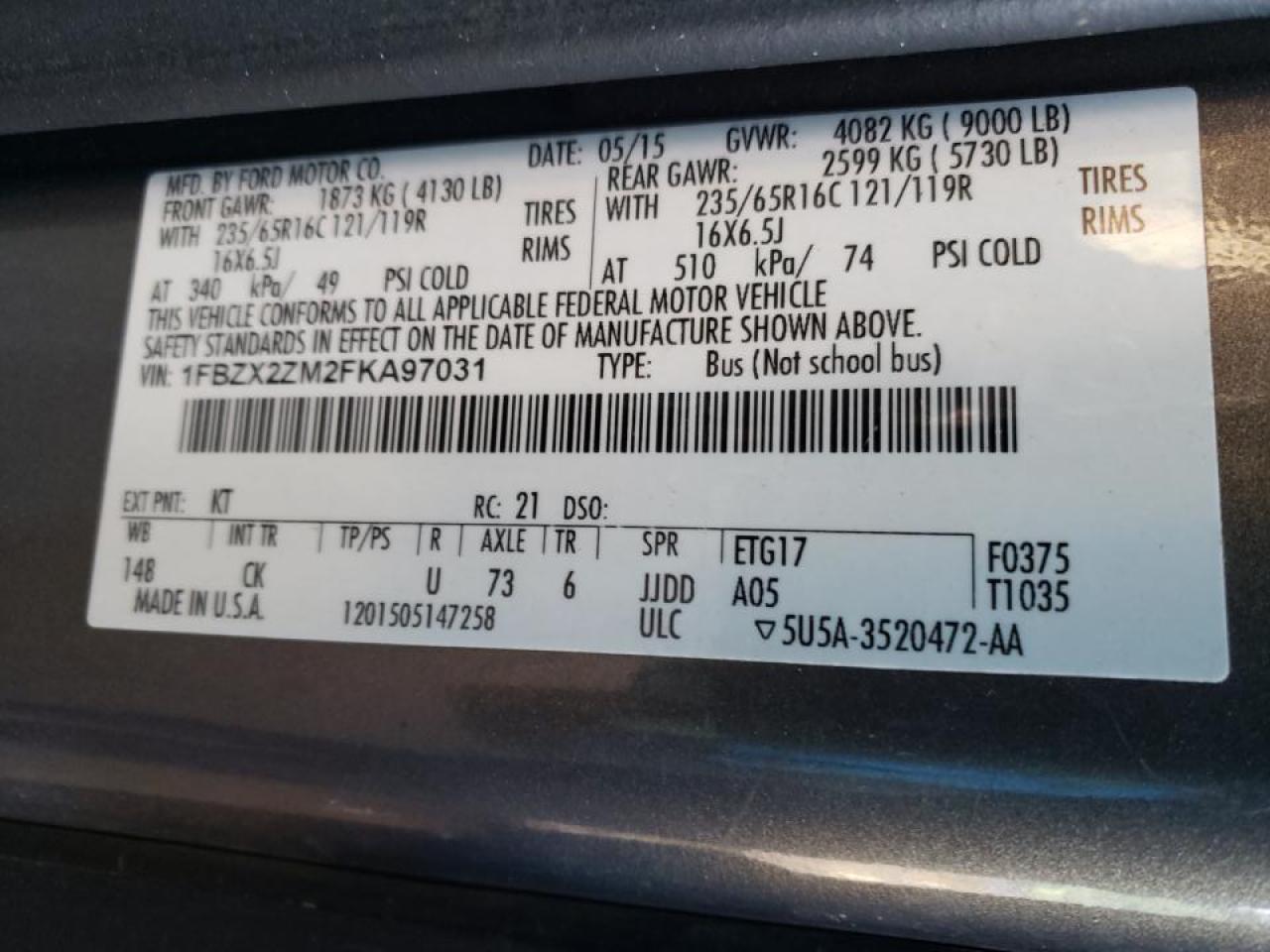 Photo 10 from auction – 2015 FORD TRANSIT T- with VIN 1FBZX2ZM2FKA97031