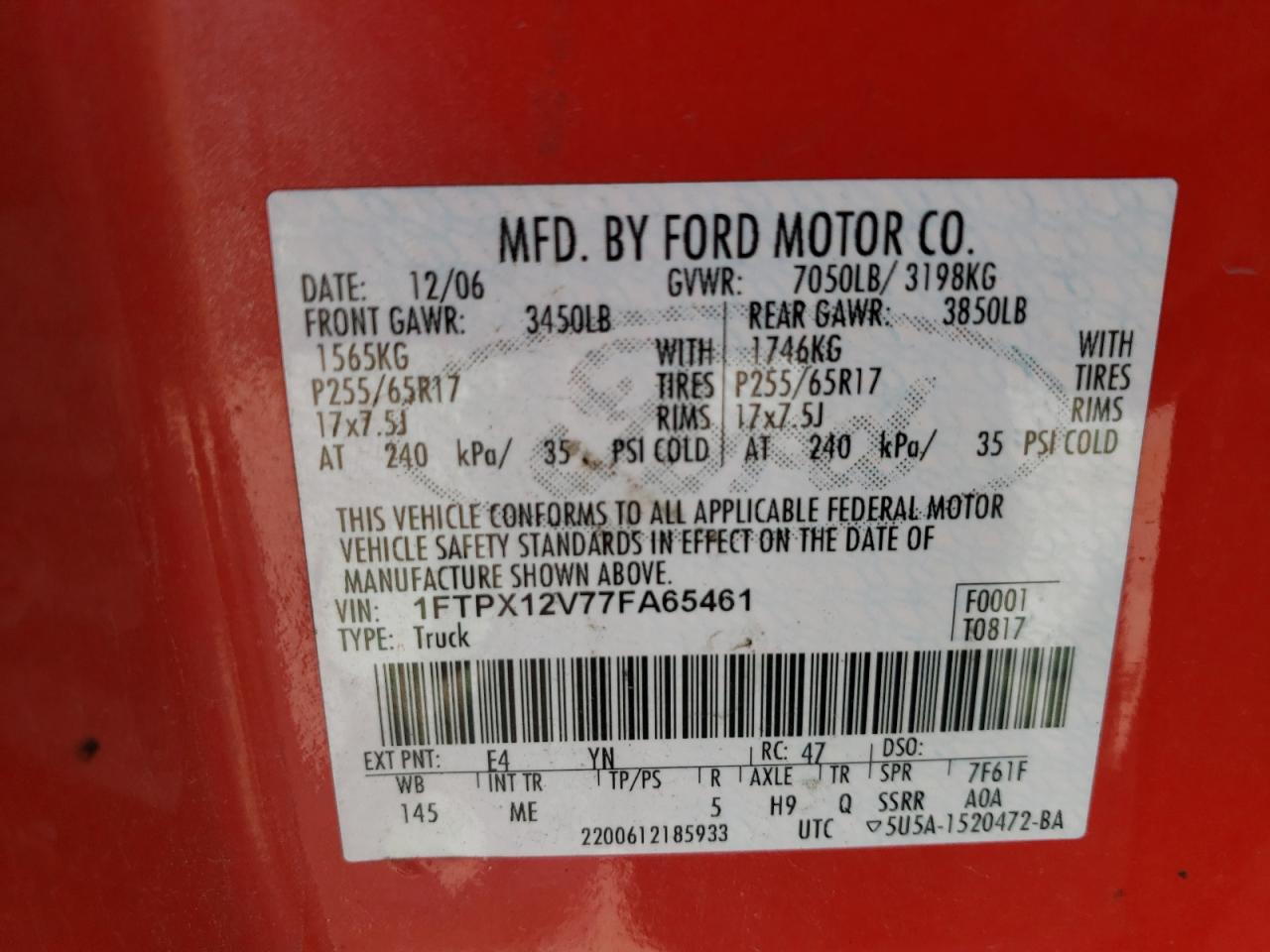 Photo 10 from auction – 2007 FORD F150 with VIN 1FTPX12V77FA65461