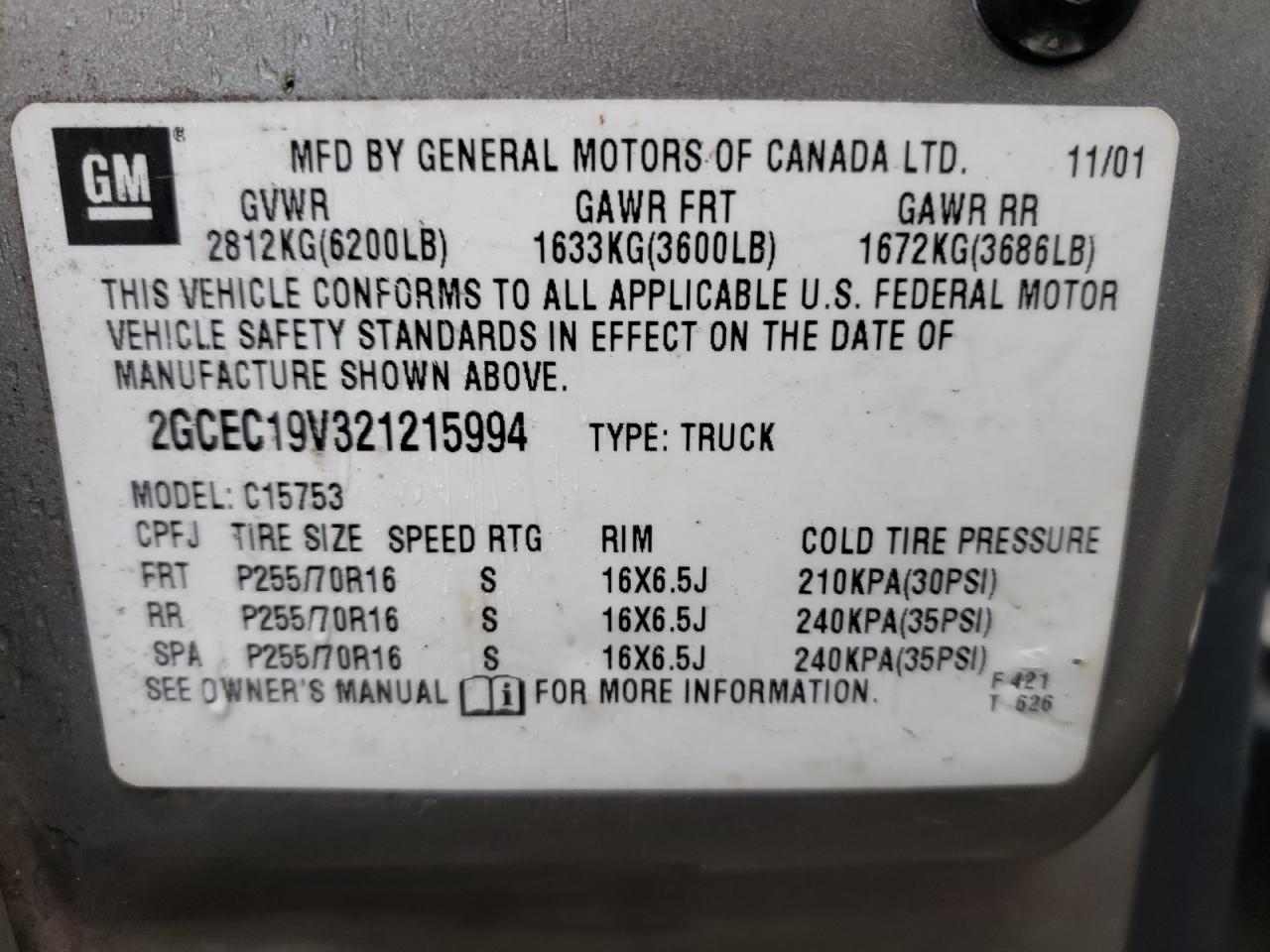 Photo 10 from auction – 2002 CHEVROLET SILVERADO with VIN 2GCEC19V321215994