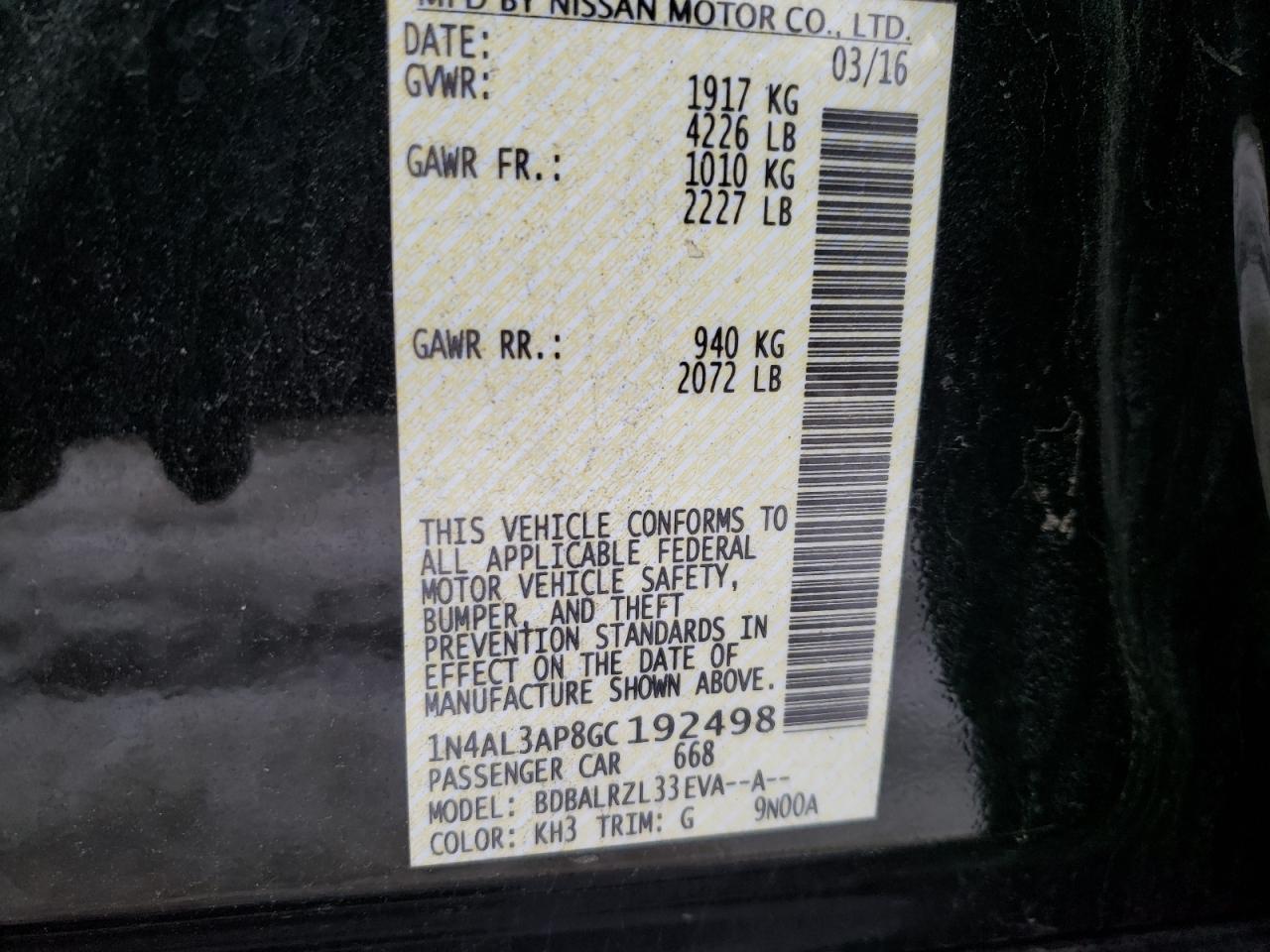 Photo 10 from auction – 2016 NISSAN ALTIMA 2.5 with VIN 1N4AL3AP8GC192498
