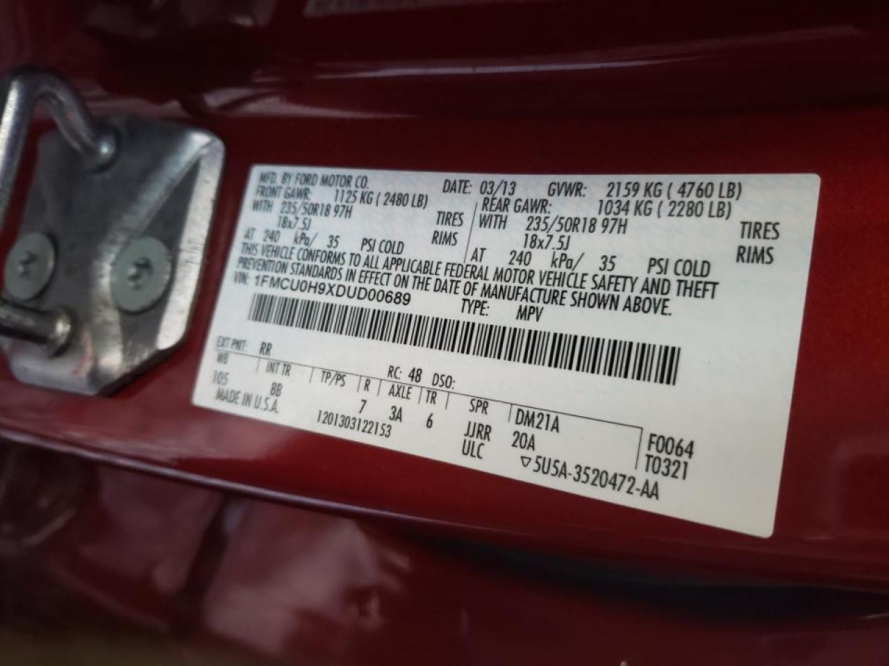 Photo 10 from auction – 2013 FORD ESCAPE SEL with VIN 1FMCU0H9XDUD00689