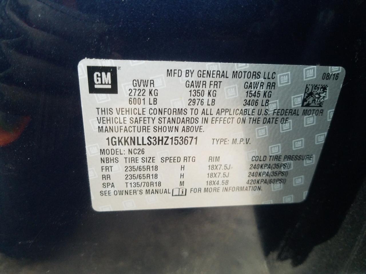 Photo 10 from auction – 2017 GMC ACADIA SLE with VIN 1GKKNLLS3HZ153671