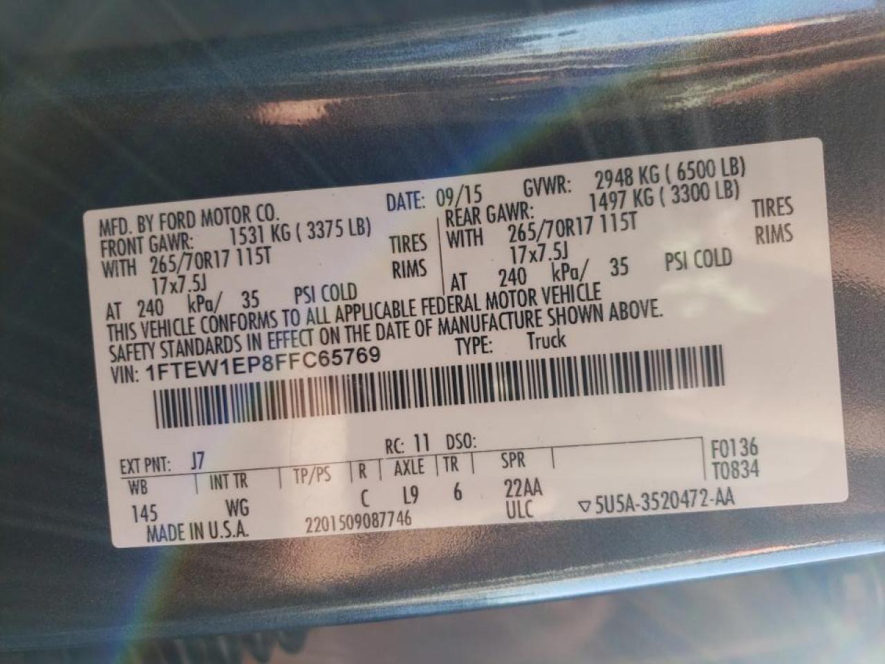 Photo 10 from auction – 2015 FORD F150 SUPER with VIN 1FTEW1EP8FFC65769
