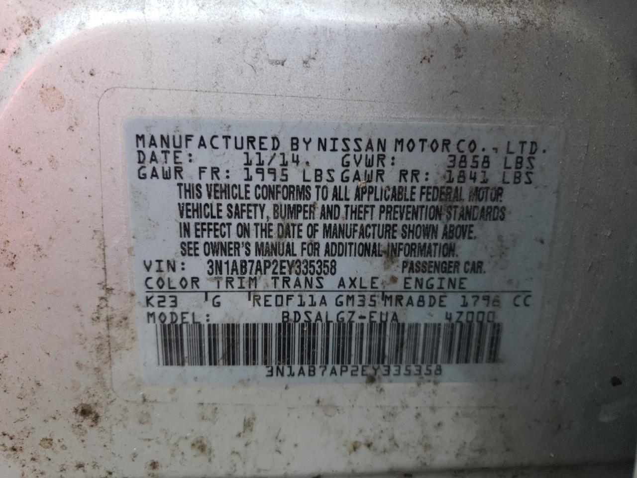 Photo 10 from auction – 2014 NISSAN SENTRA S with VIN 3N1AB7AP2EY335358
