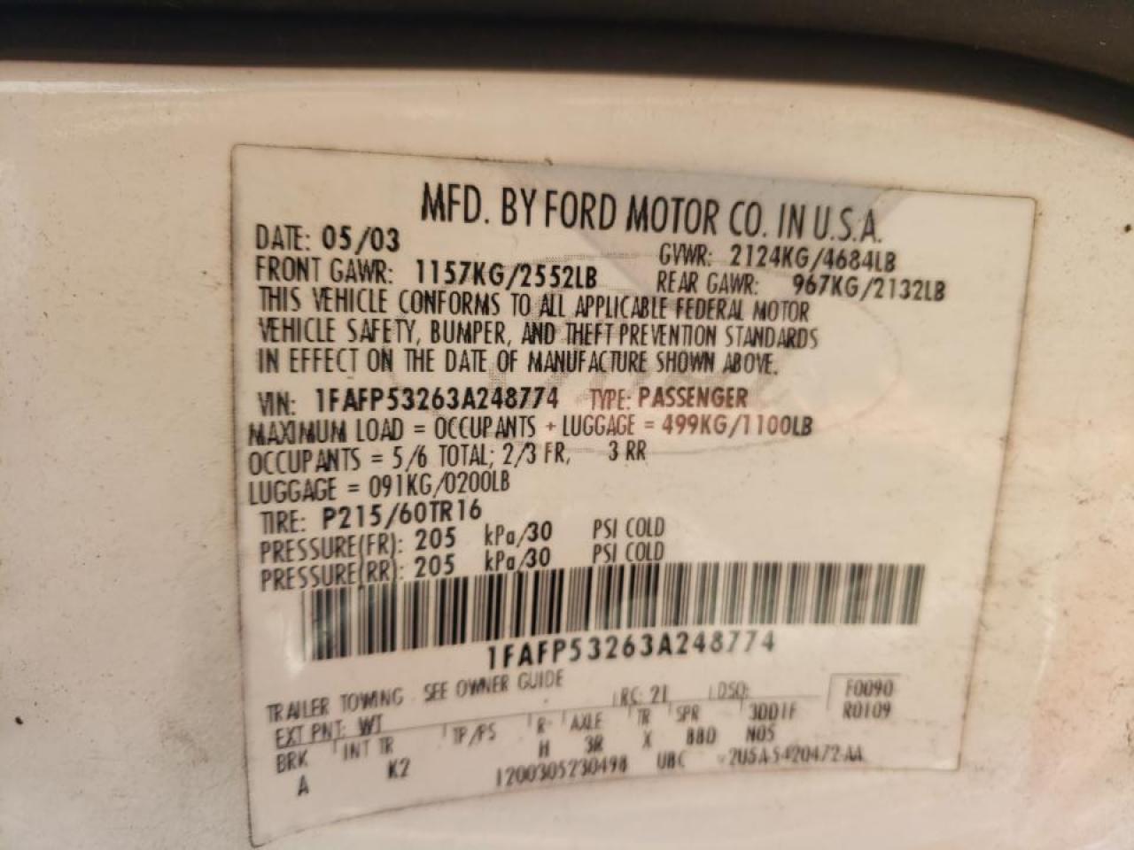 Photo 10 from auction – 2003 FORD TAURUS SE with VIN 1FAFP53263A248774