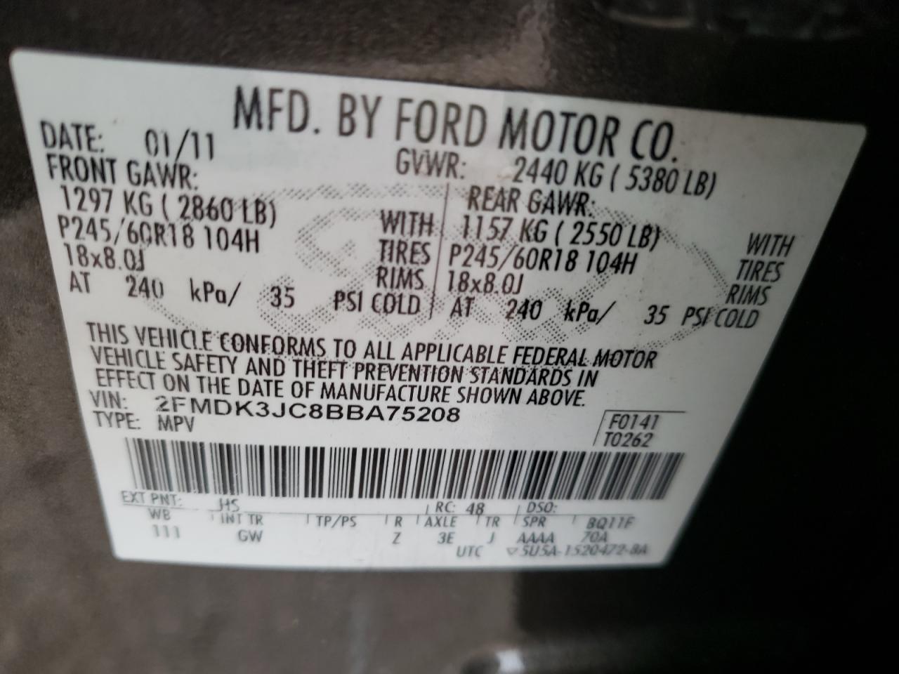 Photo 10 from auction – 2011 FORD EDGE SEL with VIN 2FMDK3JC8BBA75208