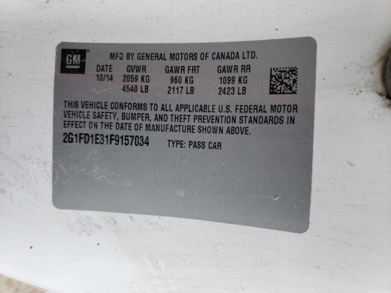 Photo 10 from auction – 2015 CHEVROLET CAMARO LT with VIN 2G1FD1E31F9157034