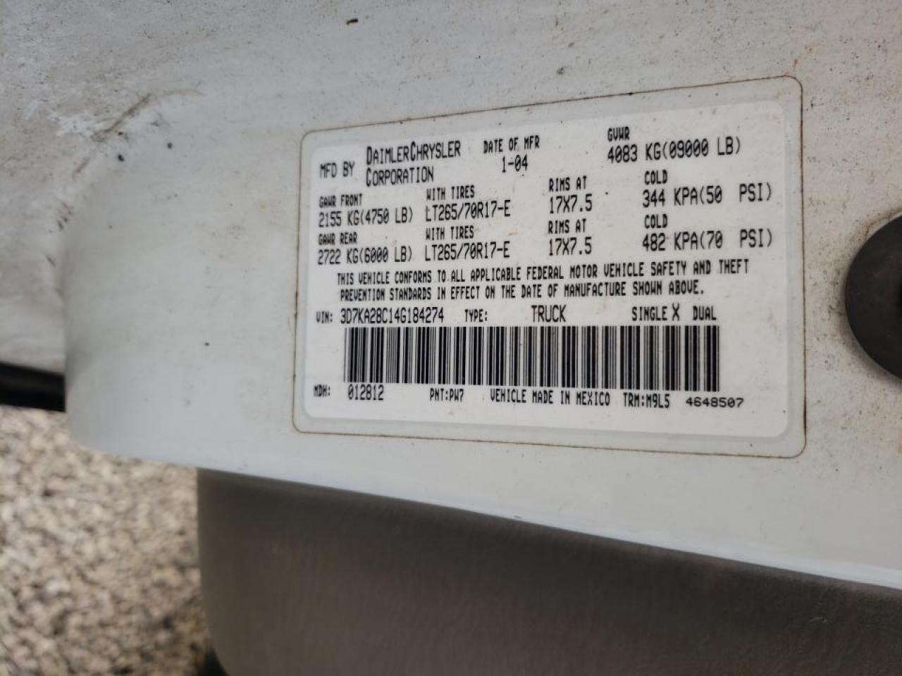 Photo 10 from auction – 2004 DODGE RAM 2500 S with VIN 3D7KA28C14G184274