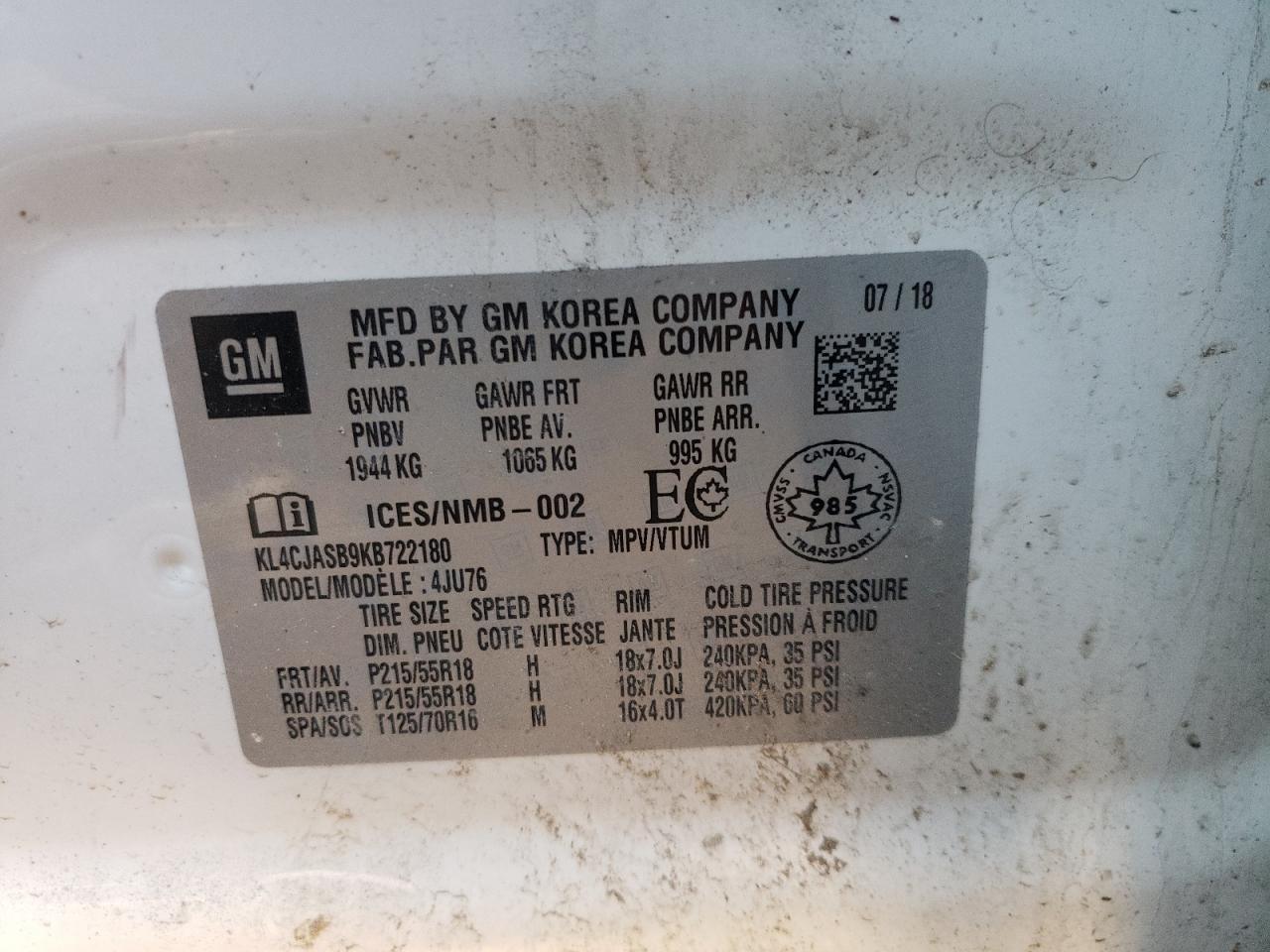 Photo 10 from auction – 2019 BUICK ENCORE PRE with VIN KL4CJASB9KB722180
