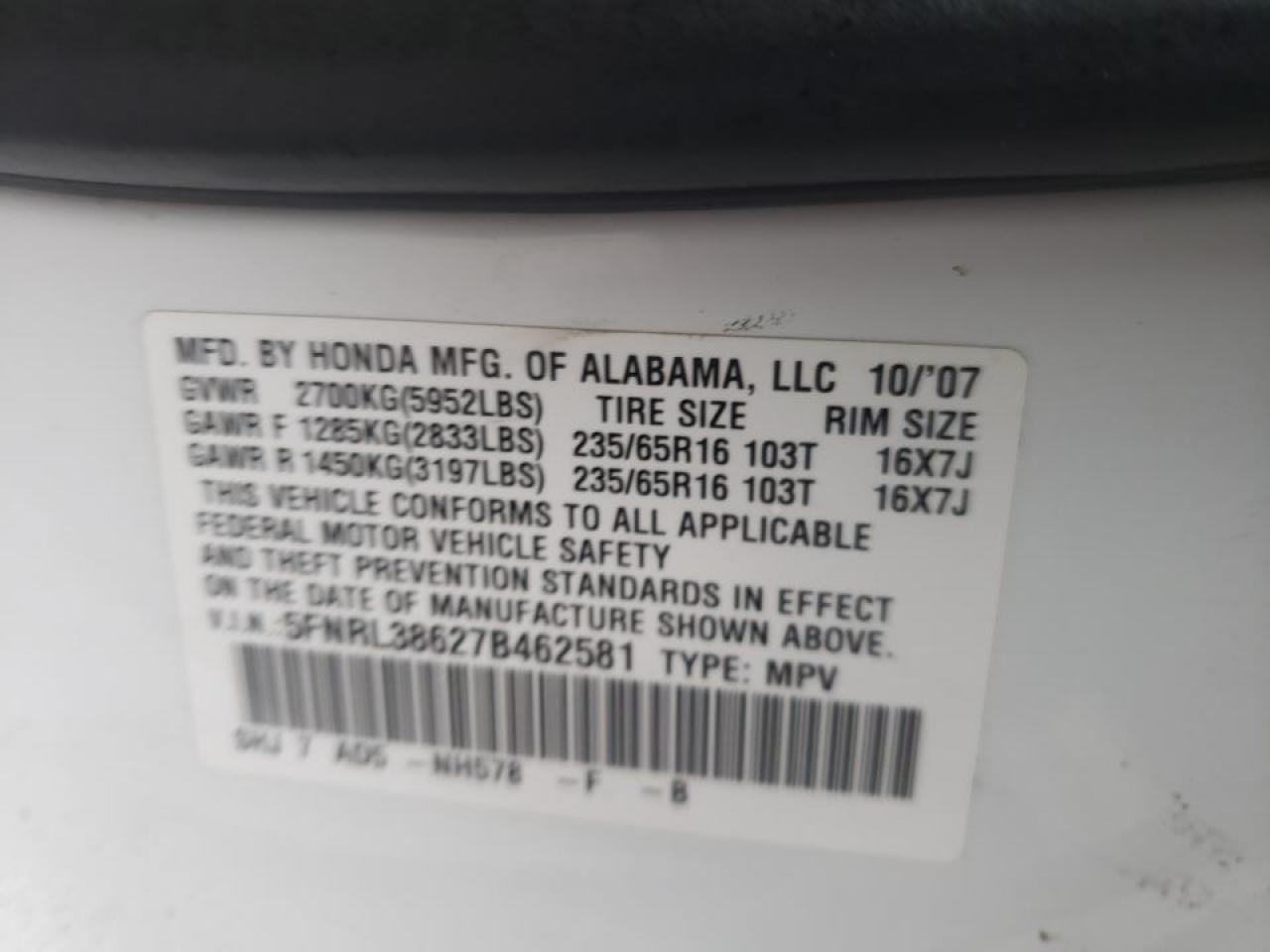 Photo 10 from auction – 2007 HONDA ODYSSEY EX with VIN 5FNRL38627B462581
