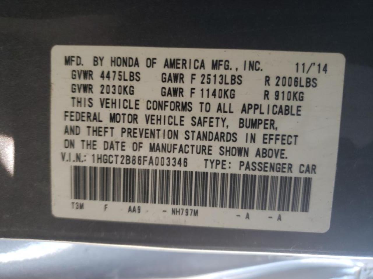 Photo 10 from auction – 2015 HONDA ACCORD EXL with VIN 1HGCT2B86FA003346