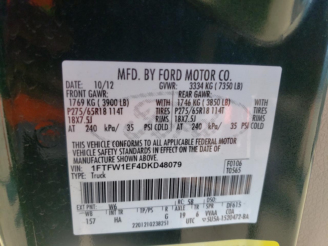 Photo 10 from auction – 2013 FORD F150 SUPER with VIN 1FTFW1EF4DKD48079