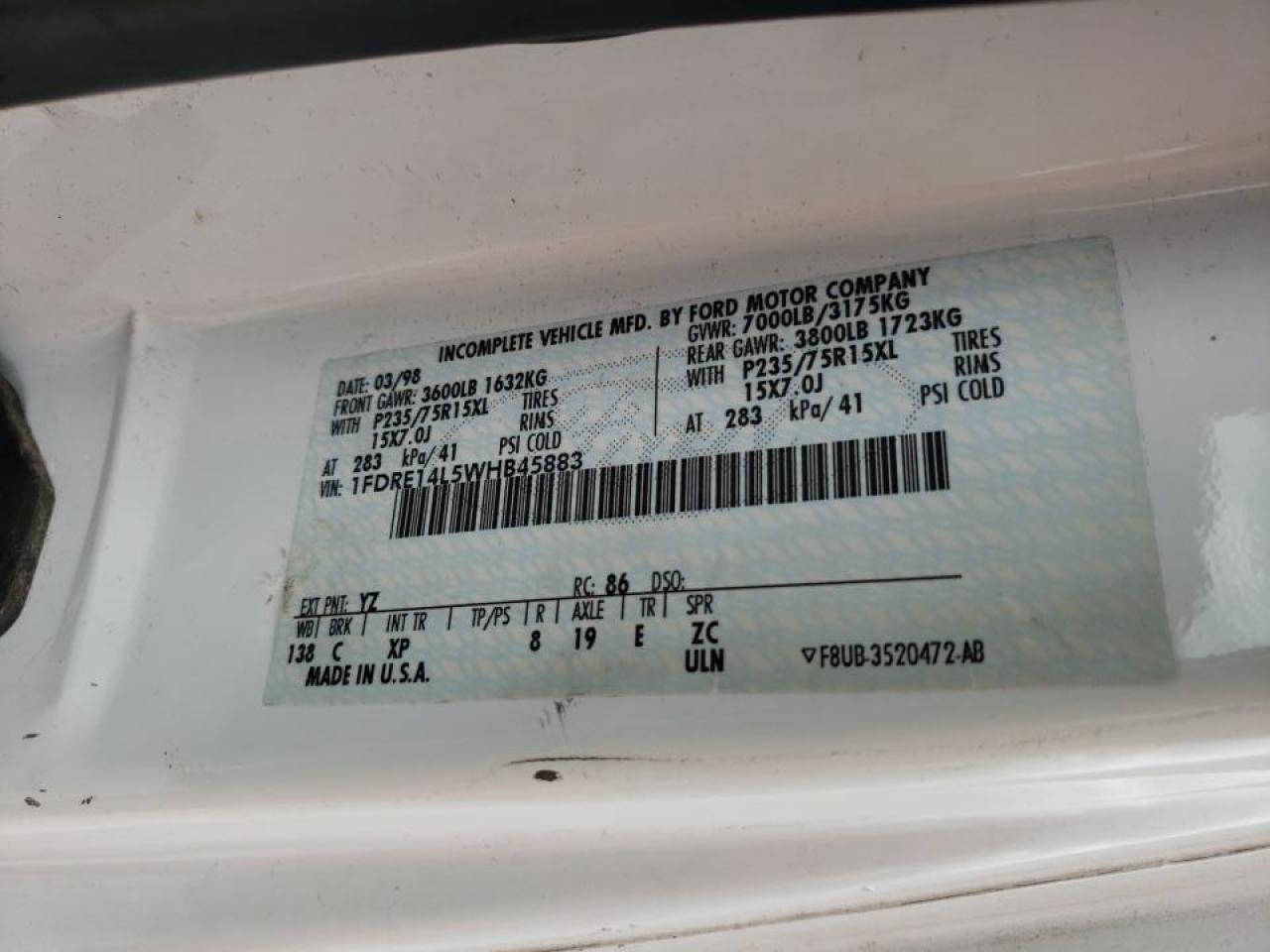 Photo 10 from auction – 1998 FORD ECONOLINE with VIN 1FDRE14L5WHB45883