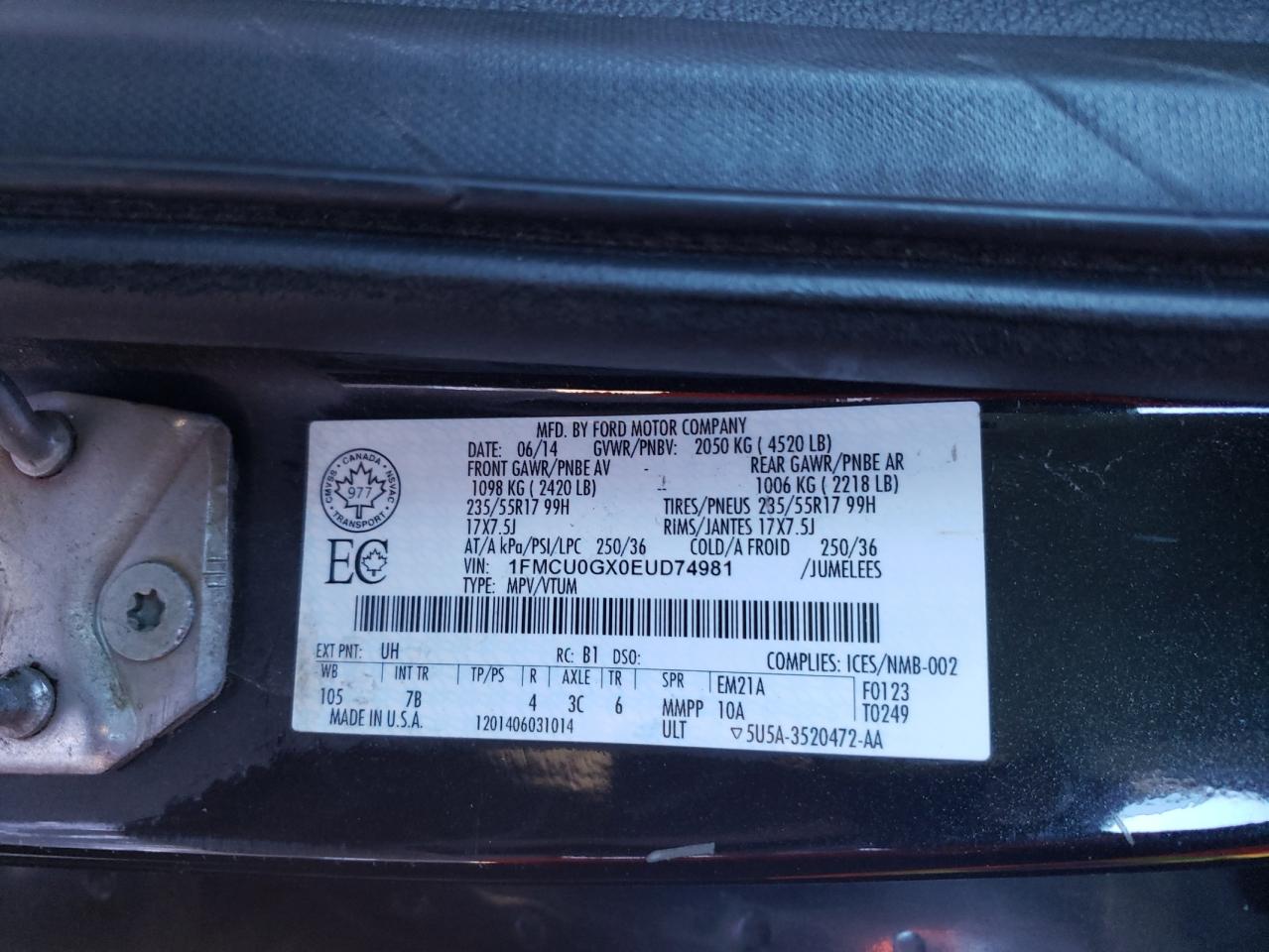 Photo 10 from auction – 2014 FORD ESCAPE SE with VIN 1FMCU0GX0EUD74981