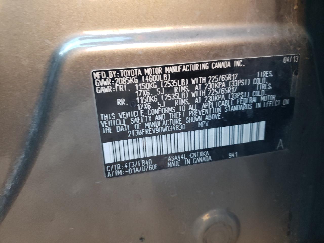 Photo 10 from auction – 2013 TOYOTA RAV4 LE with VIN 2T3BFREV9DW034830