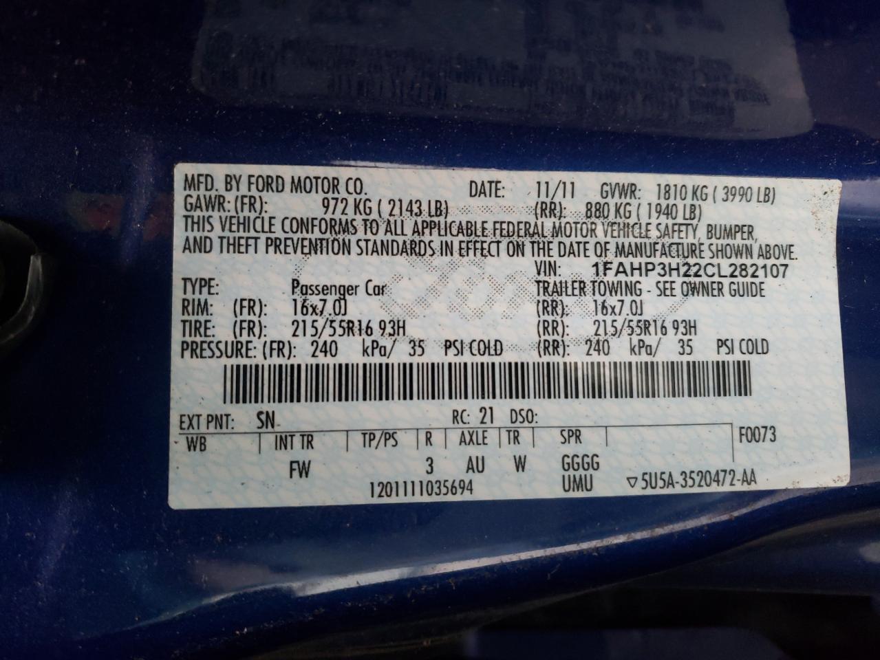 Photo 10 from auction – 2012 FORD FOCUS SEL with VIN 1FAHP3H22CL282107