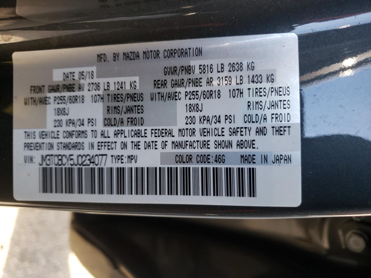 Photo 10 from auction – 2018 MAZDA CX-9 TOURI with VIN JM3TCBCY5J0234077