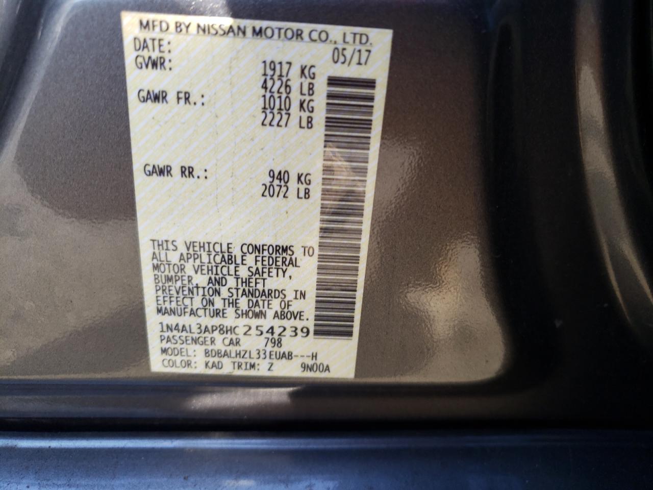 Photo 10 from auction – 2017 NISSAN ALTIMA 2.5 with VIN 1N4AL3AP8HC254239