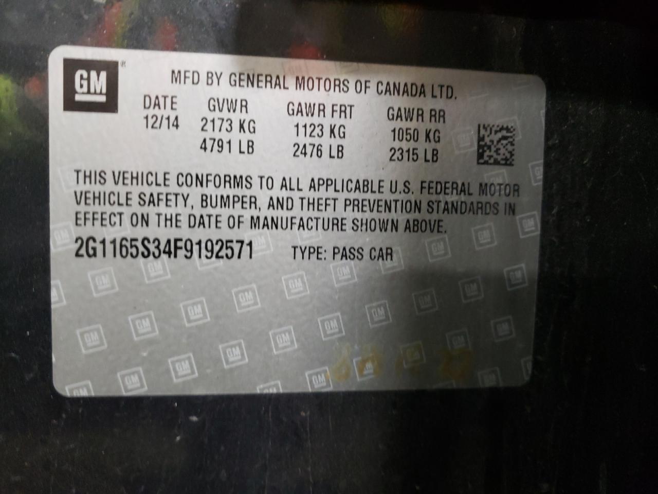 Photo 10 from auction – 2015 CHEVROLET IMPALA LTZ with VIN 2G1165S34F9192571