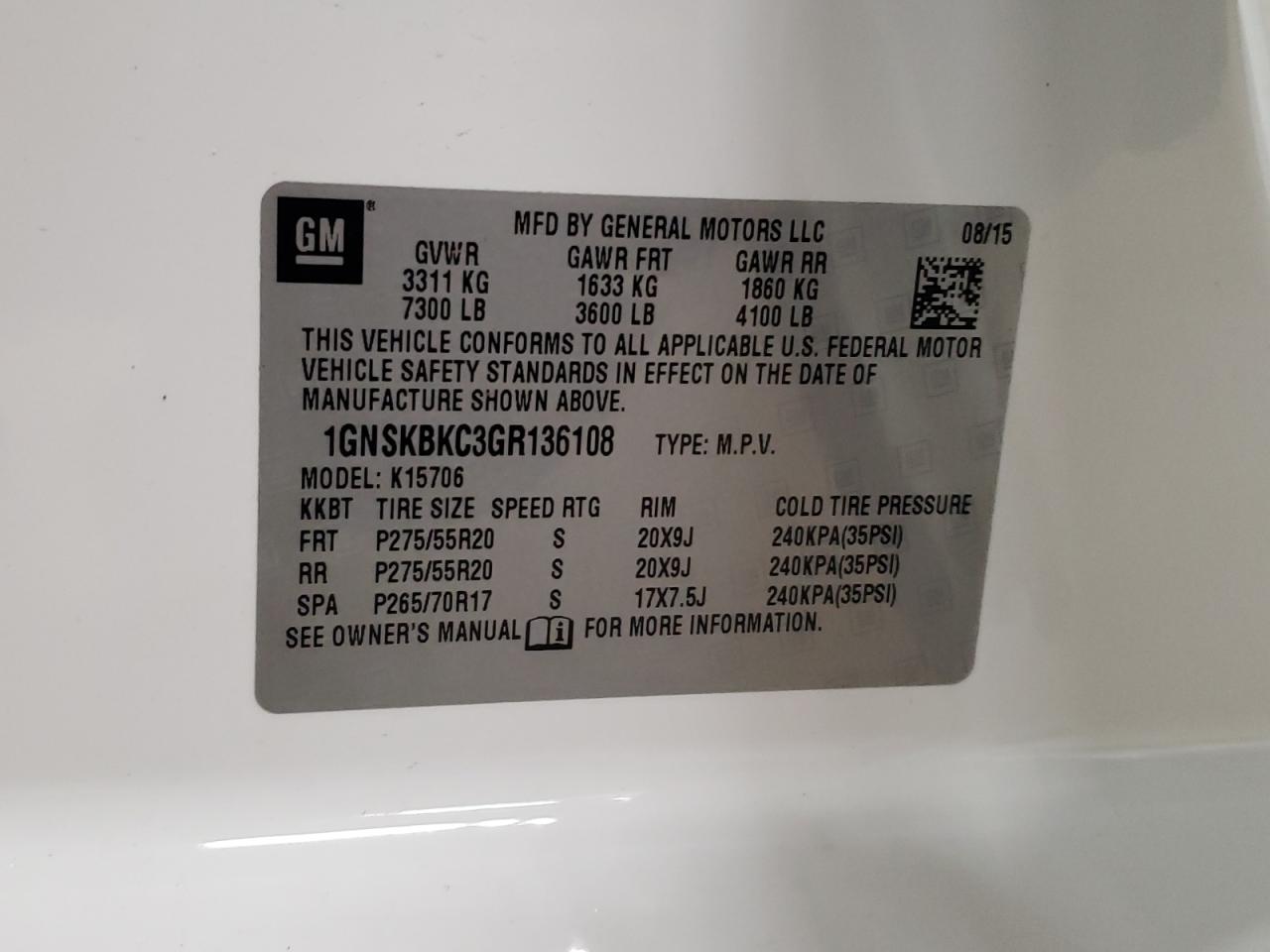Photo 10 from auction – 2016 CHEVROLET TAHOE K150 with VIN 1GNSKBKC3GR136108