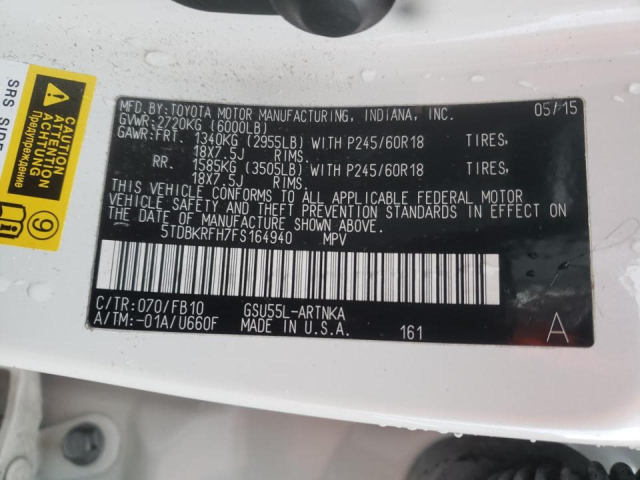 Photo 10 from auction – 2015 TOYOTA HIGHLANDER with VIN 5TDBKRFH7FS164940