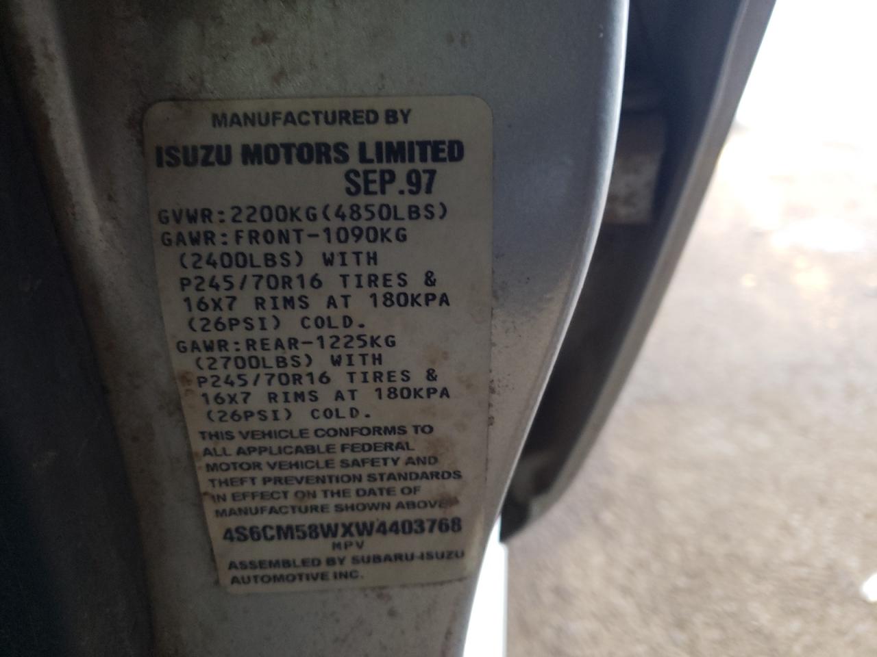 Photo 10 from auction – 1998 HONDA PASSPORT E with VIN 4S6CM58WXW4403768