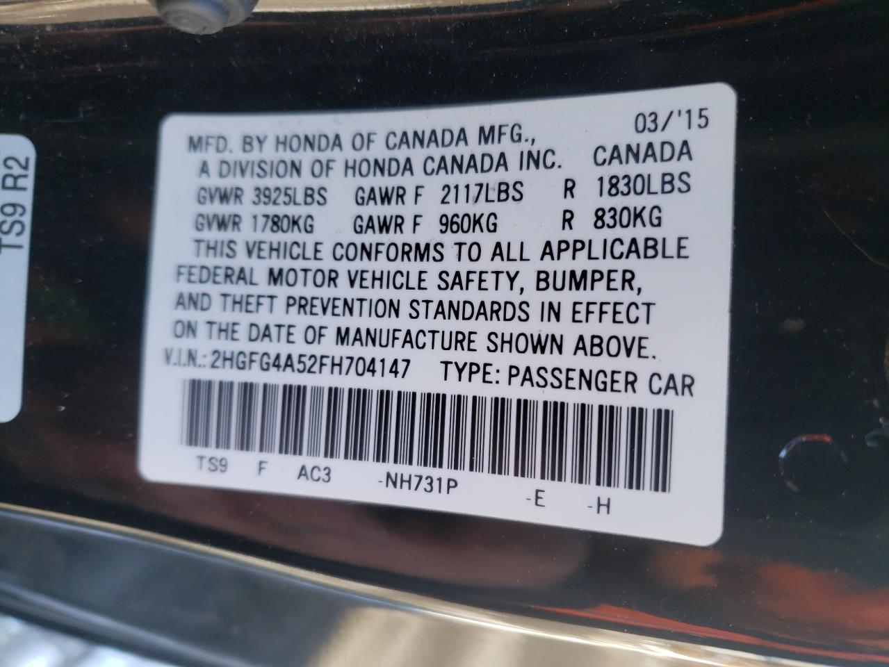 Photo 10 from auction – 2015 HONDA CIVIC SI with VIN 2HGFG4A52FH704147