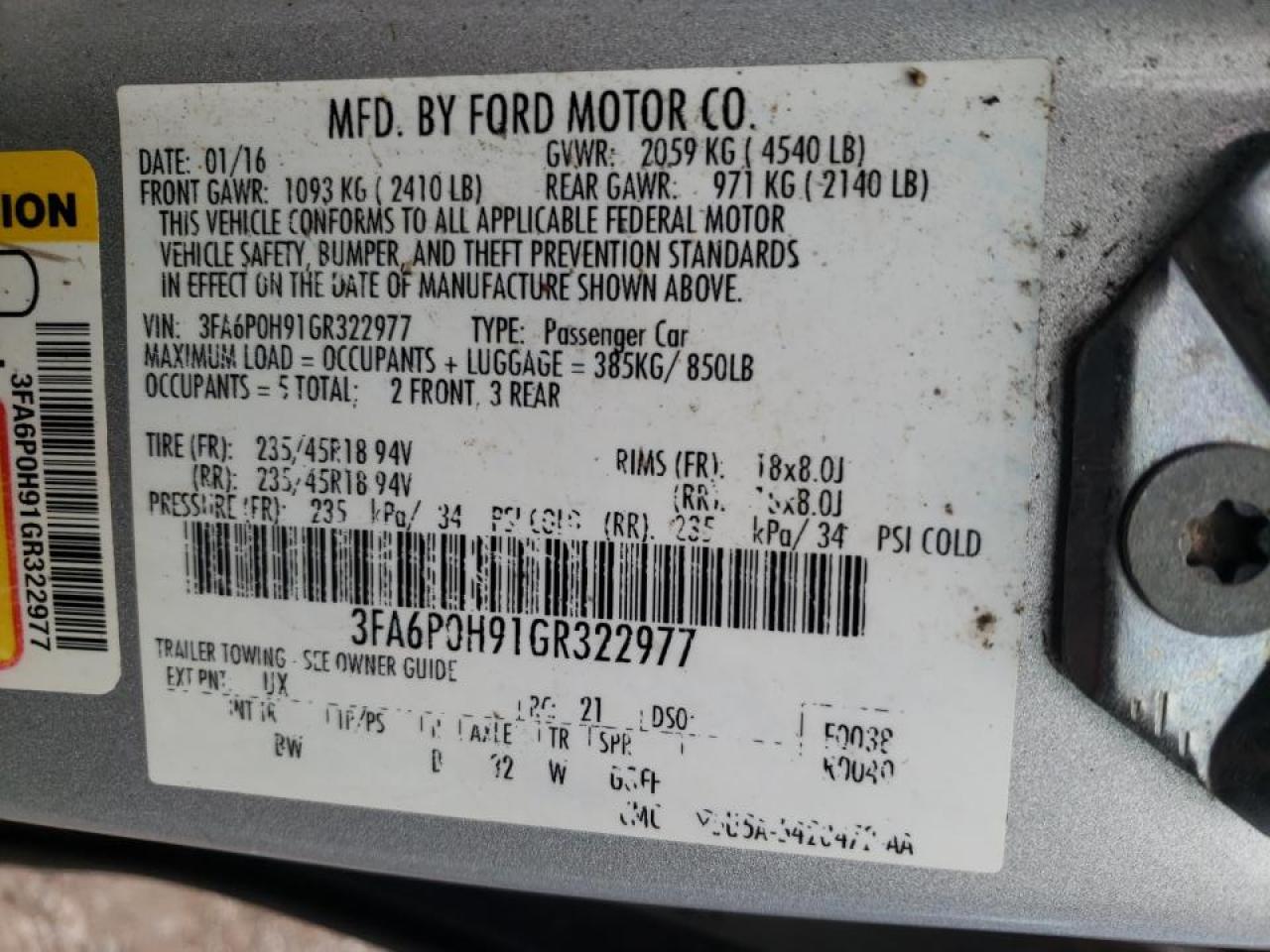 Photo 10 from auction – 2016 FORD FUSION SE with VIN 3FA6P0H91GR322977